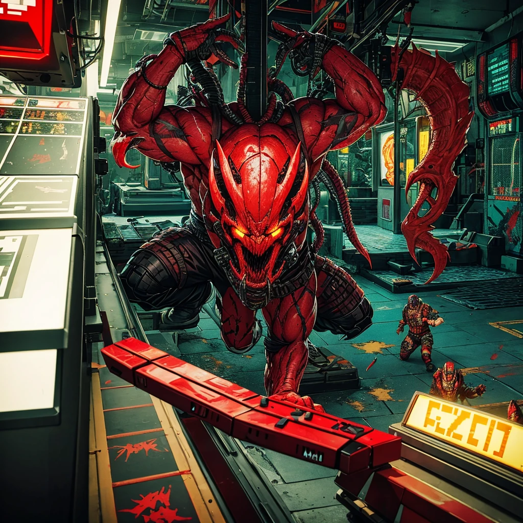 Gameplay of an 80s style arcade game based on horror action film Predator, pixelated, 2 player, controllers are machine guns (Uzis)