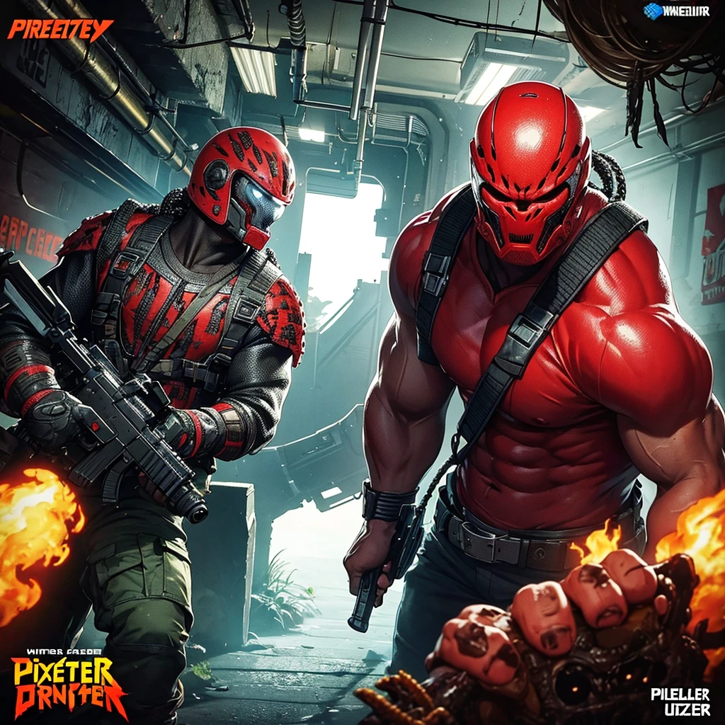 Gameplay of an 80s style arcade game based on horror action film Predator, pixelated, 2 player, controllers are machine guns (Uzis)