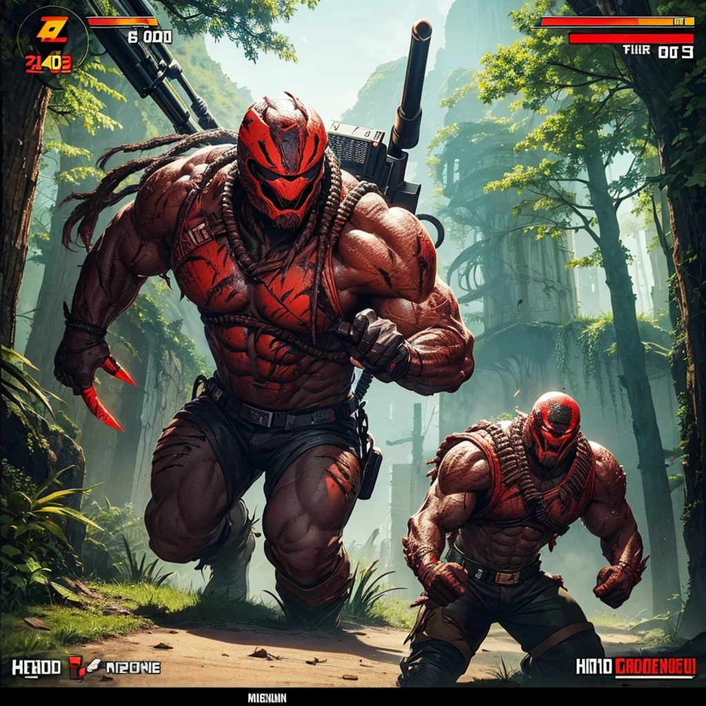 Gameplay of an 80s style arcade game based on horror action film Predator, pixelated, 2 player, controllers are machine guns (Uzis)