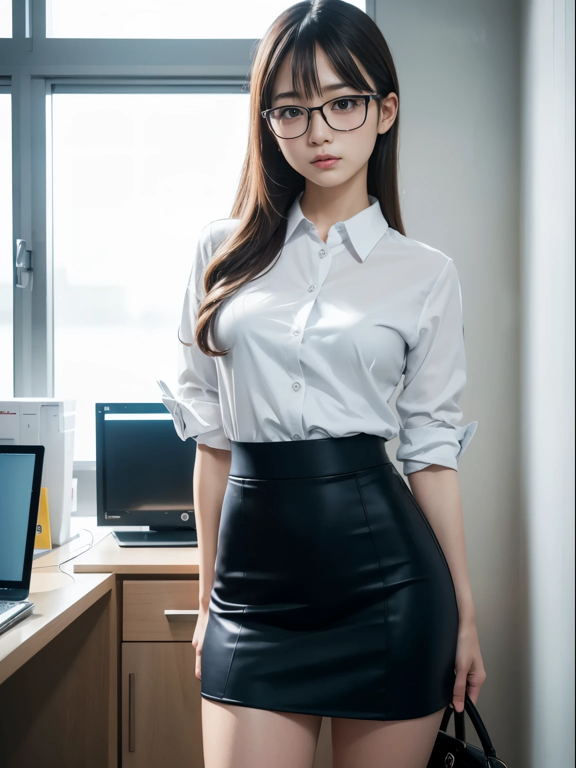 one person、solo、A 20-year-old office lady in office uniform poses for a photo shoot、glare、sexy、victory、Tsundere、Saucy、Single knot、OL、suit、blue mini skirt、anger、Small、glasses、Slim girl model photo、Body:史上最Smallの美少女、female model、Japanese female fashion model、(8K、RAW photo、Highest image quality、masterpiece:1.2)、(real、photorealistic:1.37)、Ultra high definition、Ultra high definition、Office Street、standing position、whole body、((((SEXY)))