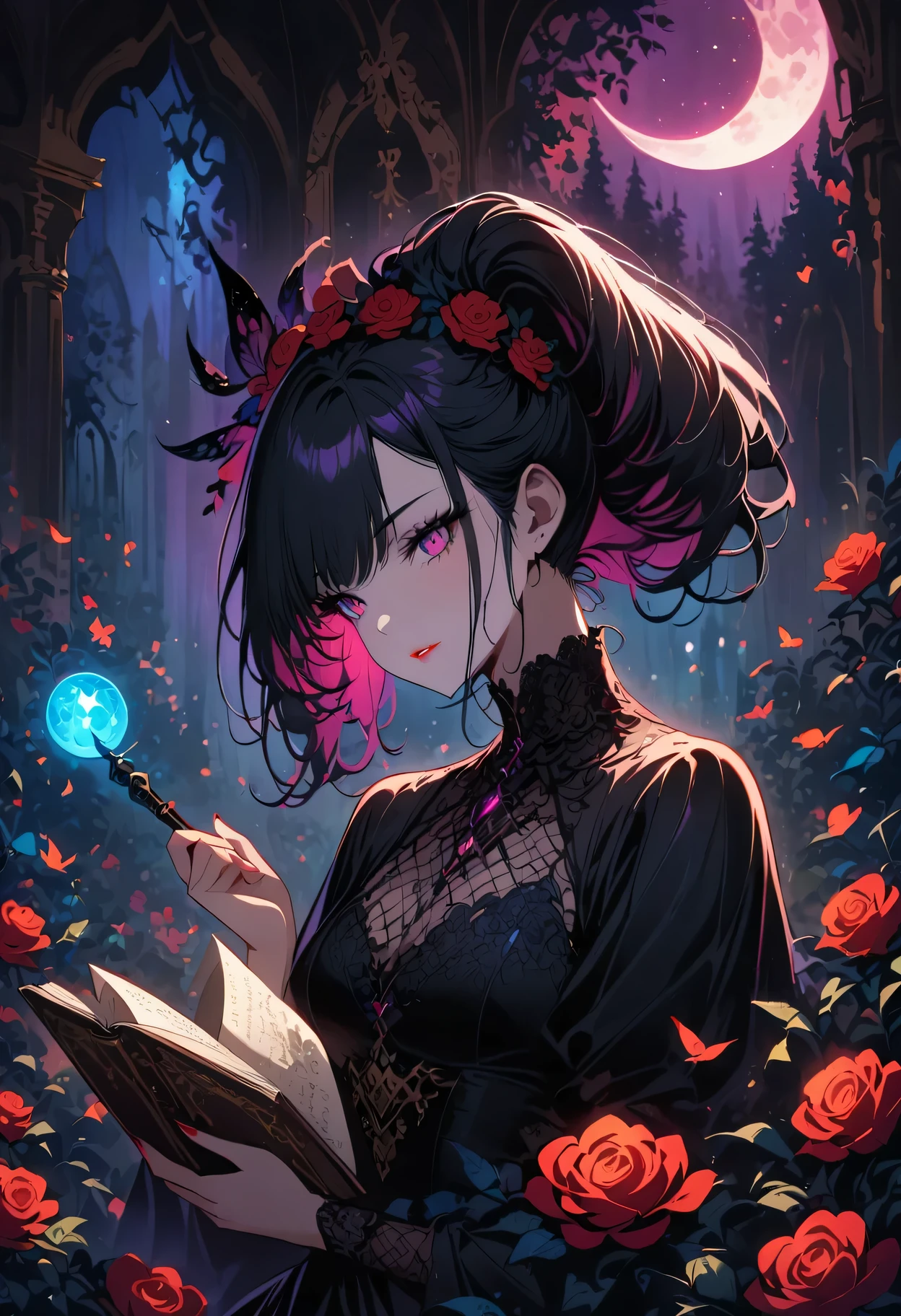 black lace dress,portrait,beautiful detailed eyes,beautiful detailed lips,long eyelashes,witch,black magic wand,moonlight,enchanted forest,mysterious atmosphere,gothic style,vivid colors,dynamic pose,soft lighting,powerful gaze,hauntingly beautiful,ethereal beauty,storybook illustration,contrasting tones,dark and light,whimsical feel,fantasy elements,elaborate hairstyle,mystical aura,sparkling stars,alluring charm,eventide,casting spells,hidden secrets,glowing moon,enchanted powers,spellbinding,beauty and mystique,moonlit sky,otherworldly presence,alluring gaze,mesmerizing allure