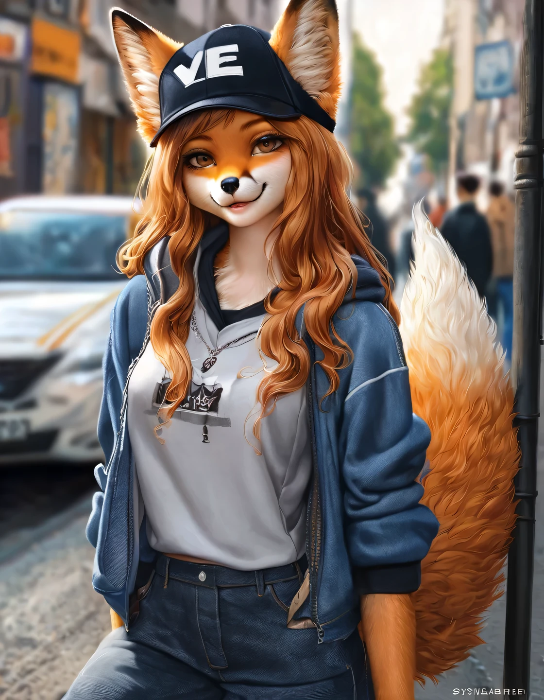 Furry fox girl on the street of the city, very fashionable, stylishly dressed, street style clothes, wide jeans, hoodie, baseball cap, sneakers, shows the viewer the V gesture, winks, long wavy orange locks of hair, high detail, filigree, high definition, texture smoothing, realistic brush strokes, looks like a realistic photo, Furry fox girl is shown in detail, Ultra-realistic rendering of details, Stunningly realistic graphics, Very detailed photo