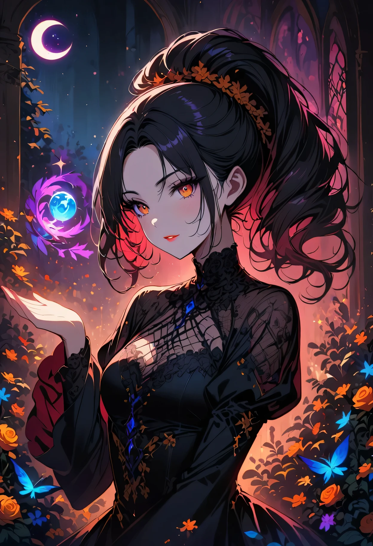 black lace dress,portrait,beautiful detailed eyes,beautiful detailed lips,long eyelashes,witch,black magic wand,moonlight,enchanted forest,mysterious atmosphere,gothic style,vivid colors,dynamic pose,soft lighting,powerful gaze,hauntingly beautiful,ethereal beauty,storybook illustration,contrasting tones,dark and light,whimsical feel,fantasy elements,elaborate hairstyle,mystical aura,sparkling stars,alluring charm,eventide,casting spells,hidden secrets,glowing moon,enchanted powers,spellbinding,beauty and mystique,moonlit sky,otherworldly presence,alluring gaze,mesmerizing allure