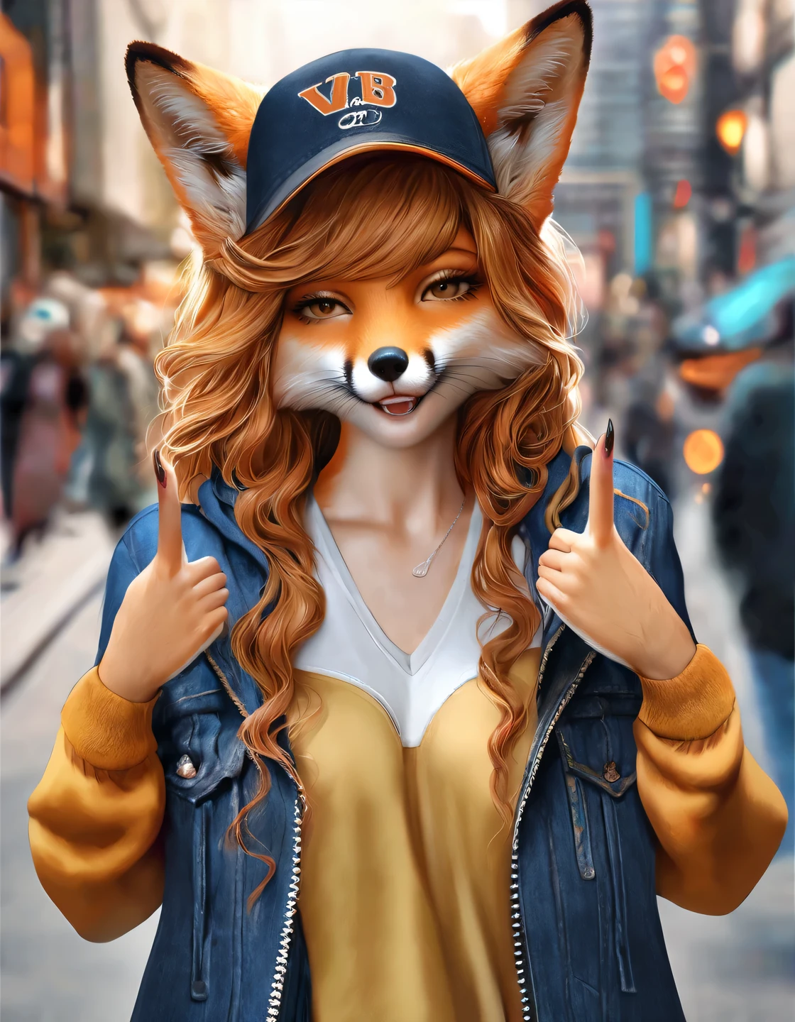 Furry fox girl on the street of the city, very fashionable, stylishly dressed, street style clothes, wide jeans, hoodie, baseball cap, sneakers, shows the viewer the V gesture, winks, long wavy orange locks of hair, high detail, filigree, high definition, texture smoothing, realistic brush strokes, looks like a realistic photo, Furry fox girl is shown in detail, Ultra-realistic rendering of details, Stunningly realistic graphics, Very detailed photo