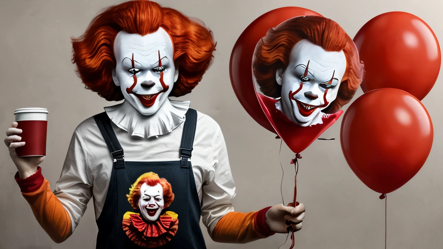 Huge beautiful yummy cake and (creepy clown in a table having dinner in the background):5, vhs, kid party, beautiful and aesthetic, (photorealistic:1.4), <lora:VHS3:.3>