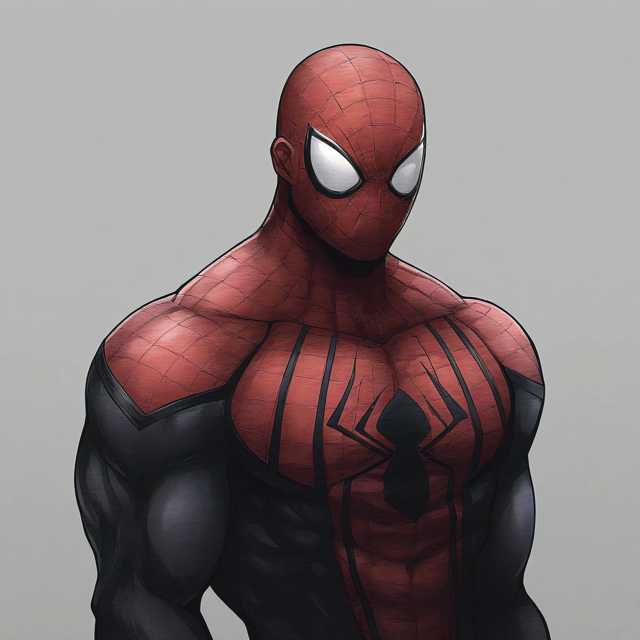 anime characters:Black Spider-Man, Muscular Spider-Man, male focus, No Spider-Man Logo, Upper body, Buzz Cut, He wears a black tights, small grid texture, spiderman mask, Spider-Man logo, muscular male, Extra large breasts, only, alone, White background, simple background, amazing quality, best aesthetics, Ridiculous, crew cut, drop shadow, best quality