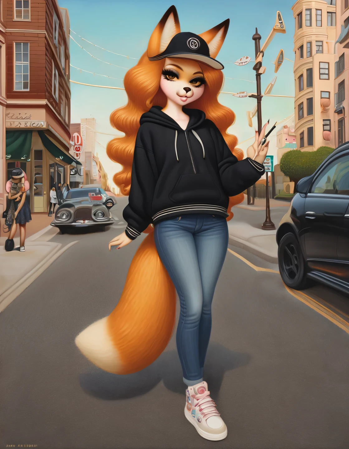 Oil painting on canvas by artist Mark Ryden depicting Furry fox girl on a city street, very fashionable, stylishly dressed, street style clothes, wide jeans, hoodie, baseball cap, sneakers, shows the viewer the V gesture, winks, long wavy orange locks of hair, high detail, filigree, high definition, texture smoothing, realistic brush strokes, similar to a realistic photo, Furry fox girl is shown in detail, full compliance with the style of Mark Ryden