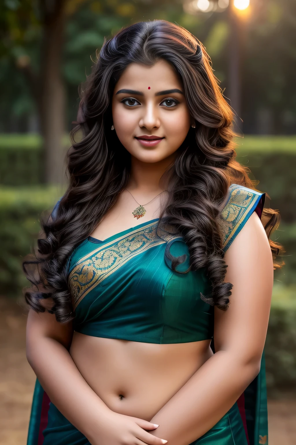 Outdoor image of 21yo  in school school photo in school masterpiece, (photorealistic:1.7), best quality, beautiful lighting, Eleanor Ukraine girl dark lipstick 20yo Old Big Breasts Plus Size Model random colour beautiful eyes extremely high Bun long extreme curly hair Lifts wearing Indian saree. 