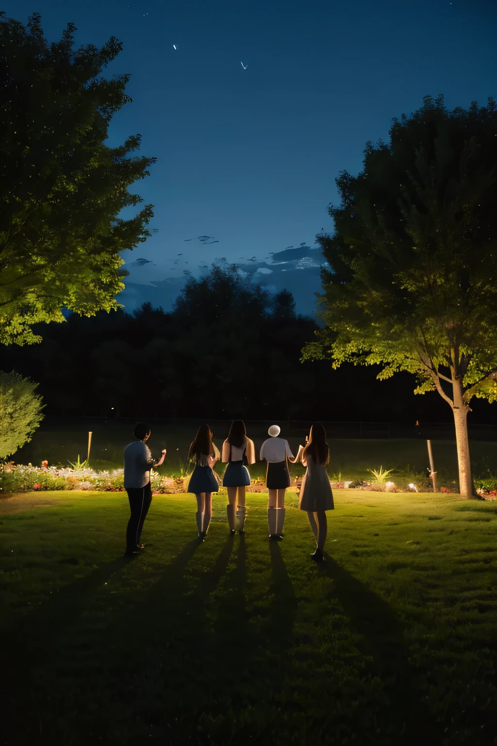 Back view of band singing outdoors at night