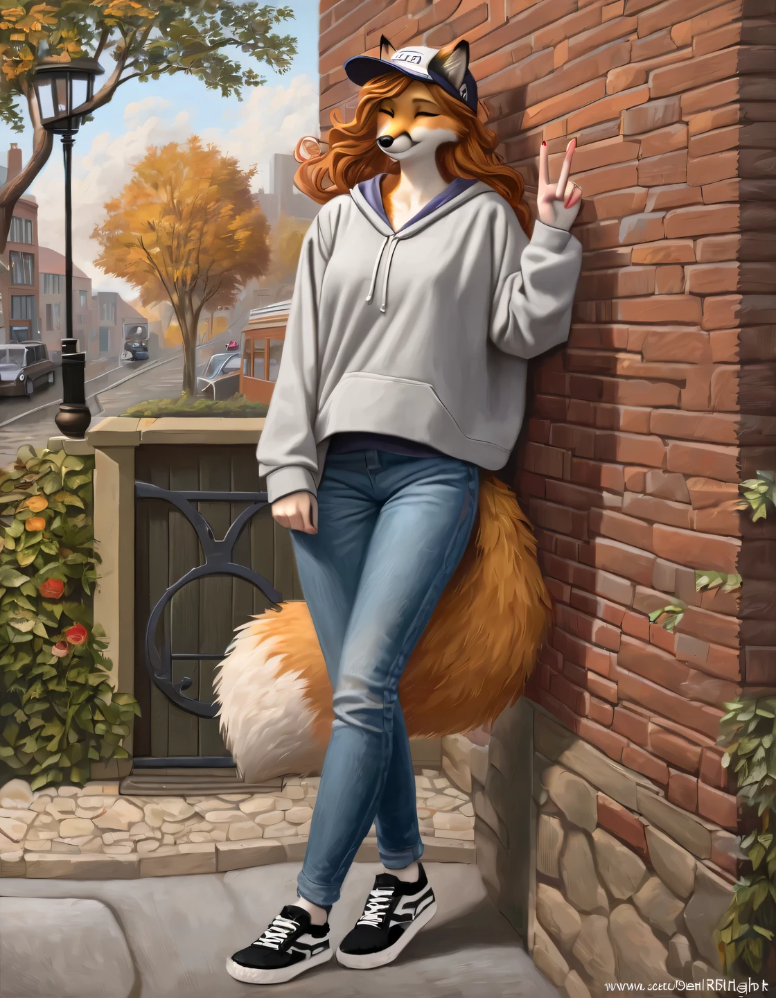 Oil painting on canvas by artist Daniel Ridgway Knight depicting Furry fox girl on a city street, very fashionable, stylishly dressed, street style clothes, wide jeans, hoodie, baseball cap, sneakers, shows the viewer the V gesture, winks, long wavy orange locks of hair, high detail, filigree, high definition, texture smoothing, realistic brush strokes, similar to a realistic photo, Furry fox girl is shown in detail, full compliance with the style of Daniel Ridgway Knight
