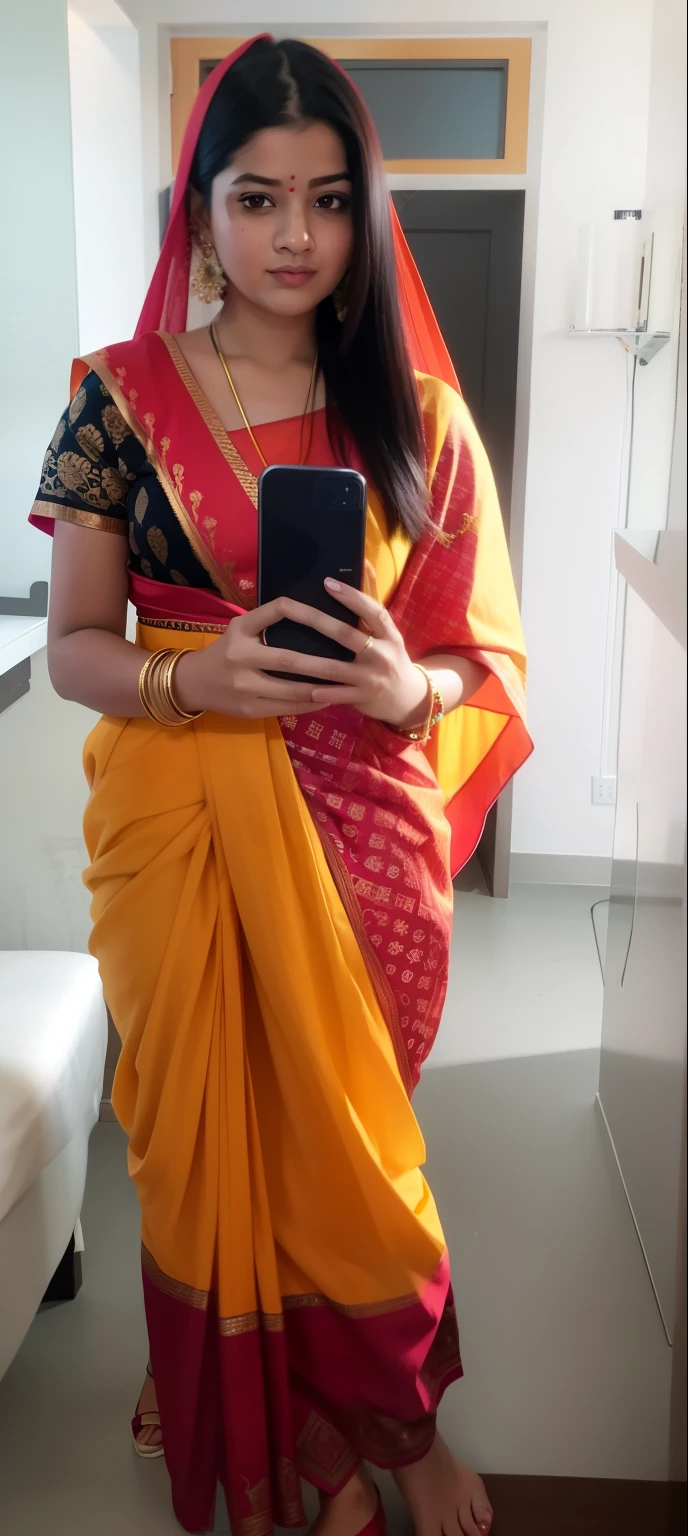 arafed woman in a sari taking a selfie in a mirror, wearing sari, dressed in a sari, wearing a sari, around 1 9 years old, wearing bihu dress mekhela sador, candid picture, with lovely look, very very low quality picture, wearing red and with out clothes, around 20 yo, orange and yellow costume, 2 2 years old
