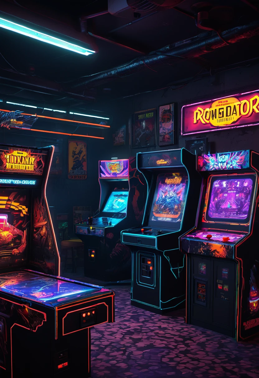 best quality,4k,8k,highres,masterpiece:1.2,ultra-detailed,realistic:1.37,horror,sci-fi,80s arcade game,Predator,pixelated gameplay,2 player,Uzi machine gun controllers,retro style,terrifying atmosphere,dark and gloomy setting,pulsating suspense,alien creatures,violent action,intricate level design,explosive special effects,fast-paced gameplay,high score competition,exciting boss battles,glowing neon signs,flickering arcade cabinets,arcade sounds and music,high intensity gameplay,thrilling jump scares,hunting survival,innovative power-ups,endless replayability,competitive multiplayer,retro gaming experience,distorted and glitchy graphics,player customization options,immersive gameplay mechanics,split-screen multiplayer,pixel art animations