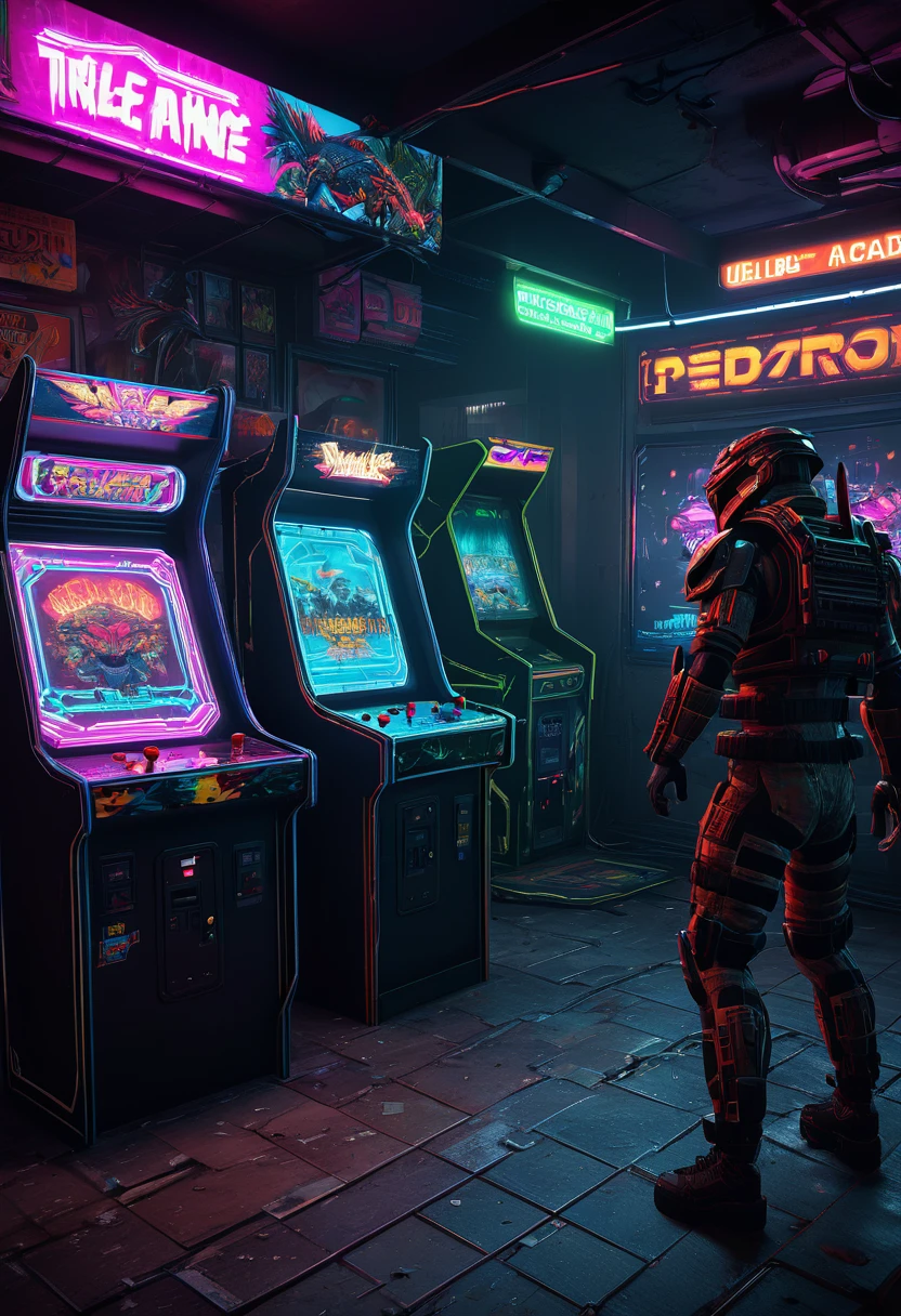 Gameplay of an 80s style arcade game based on horror action film Predator, pixelated, 2 player, controllers are machine guns (Uzis)