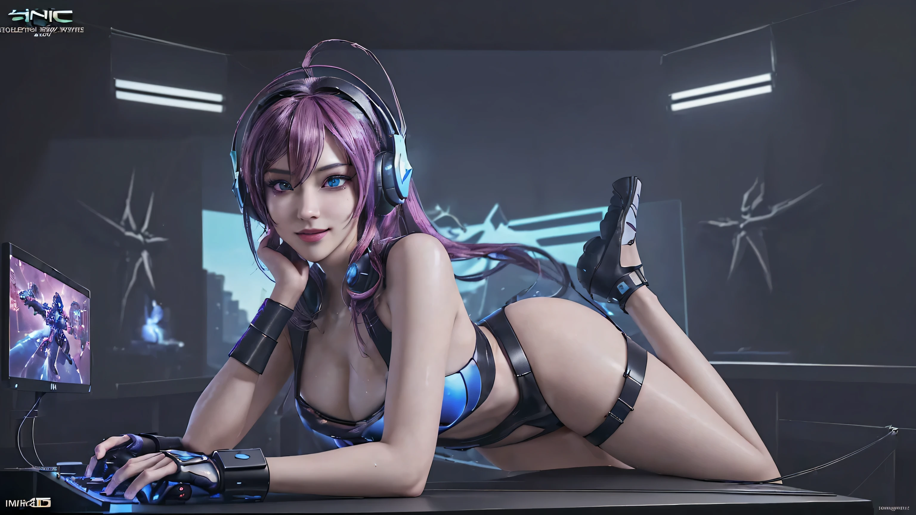 (best quality,4k,highres),ultra-detailed,physically-based rendering,(vivid colors:1.1),(playful expression:1.1),beautiful detailed eyes,beautiful detailed lips,cosplay costume,(dynamic pose:1.1),(dedication to gaming:1.1),energetic and action-packed atmosphere,(immersed in virtual world:1.1),(anime-style artwork:1.1),glowing digital effects,electric blue accents,brightly lit studio with soft lighting,artistic interpretation of video game elements,creative composition,cartoonish style,scenery with video game elements,headphones,console controller,keyboard,attractive background,sexy outfit. Cyberpunk cute smile