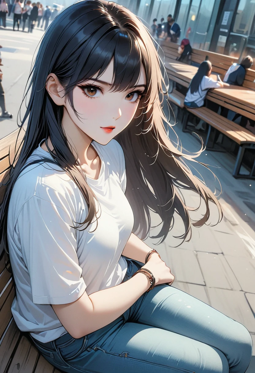 (8K, original photo, masterpiece:1.3), (actual, photo-actual:1.37), (night), (looking at the audience:1.331), (white hair), pose, Tokyo Street, nightcityscape, Cyberpunk City, soft light, 1 girl, extremely beautiful face, broken to pieces, hands down, Random hairstyle, random expression, big eyes, lower abdomen, (short sleeves .Jie Kang_shirt), Jie Kang_style, (dark blue Jie Kang_skirt), (bow Jie Kang_tie), Mix 4., best quality