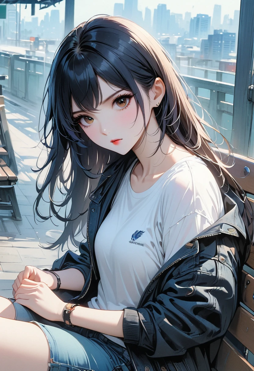 (8K, original photo, masterpiece:1.3), (actual, photo-actual:1.37), (night), (looking at the audience:1.331), (white hair), pose, Tokyo Street, nightcityscape, Cyberpunk City, soft light, 1 girl, extremely beautiful face, broken to pieces, hands down, Random hairstyle, random expression, big eyes, lower abdomen, (short sleeves .Jie Kang_shirt), Jie Kang_style, (dark blue Jie Kang_skirt), (bow Jie Kang_tie), Mix 4., best quality