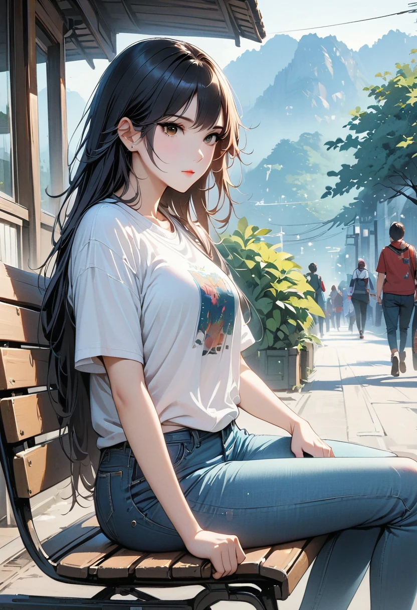 (8K, original photo, masterpiece:1.3), (actual, photo-actual:1.37), (night), (looking at the audience:1.331), (white hair), pose, Tokyo Street, nightcityscape, Cyberpunk City, soft light, 1 girl, extremely beautiful face, broken to pieces, hands down, Random hairstyle, random expression, big eyes, lower abdomen, (short sleeves .Jie Kang_shirt), Jie Kang_style, (dark blue Jie Kang_skirt), (bow Jie Kang_tie), Mix 4., best quality
