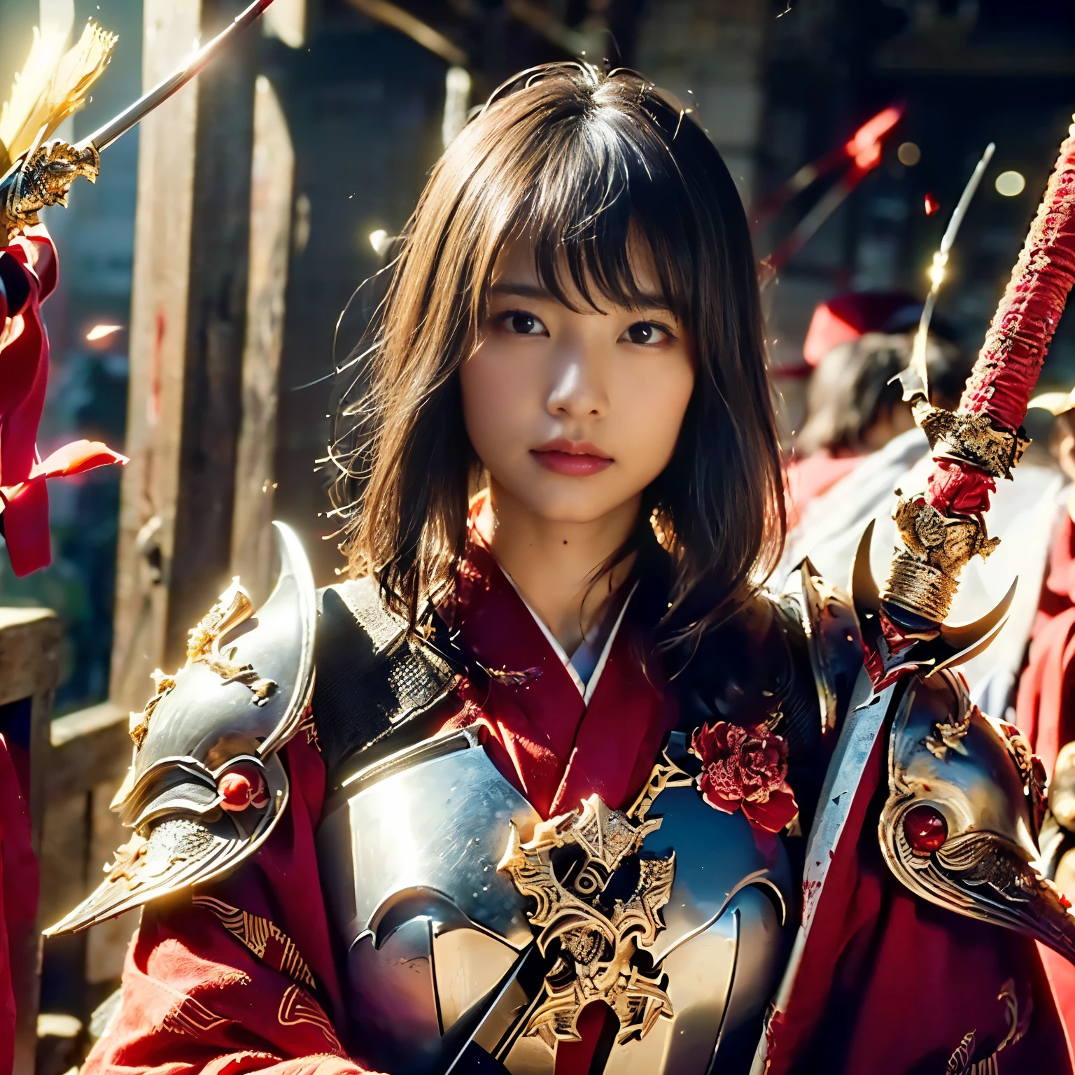 (((Realistic, masterpiece, best quality, crisp detail, high definition, high detail, rich detail, sharp focus, colorful, perfect studio lightning))), ((20 years old goddess, kasumi arimura)),(((in the middle of war, epic war scene, severely wounded, slashed, stabbed by swords, pierced by arrows, attack stance))), wearing (((beautiful decorated golden heavy armor, julia set fractal decorated armor, fully armored beautiful kimono, holding katana, blood scattered face, blood tears, blood bath, blood shed))), (((fire everywhere, blood everywhere, death everywhere, japan bakumatsu period, dead bodies,carcass,burned japanese castle,hellish,chaos)) traditional village background)