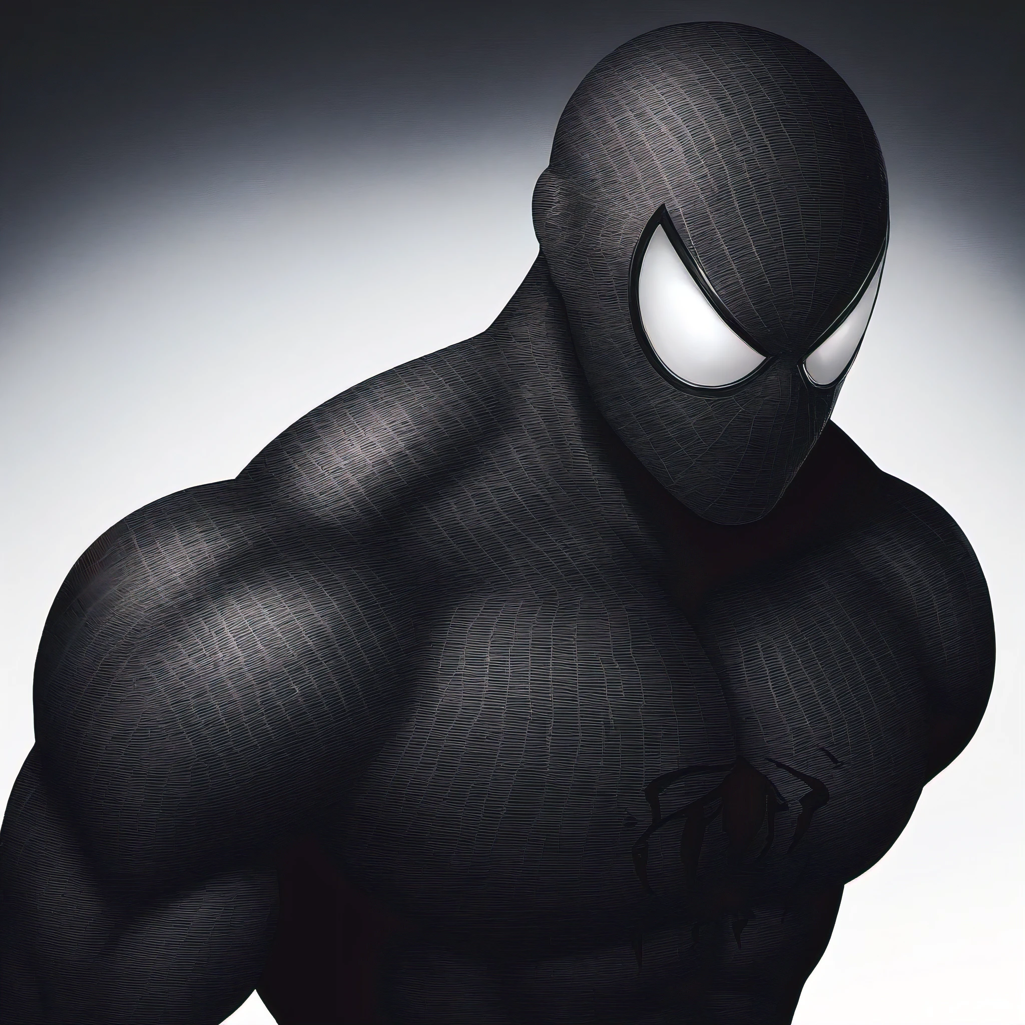 anime characters:Black Spider-Man, Muscular Spider-Man, male focus, No Spider-Man Logo, Upper body, Buzz Cut, eyes are sad shape, He wears a black tights, small grid texture, spiderman mask, Spider-Man logo, muscular male, Extra large breasts, only, alone, White background, simple background, amazing quality, best aesthetics, Ridiculous, crew cut, drop shadow, best quality