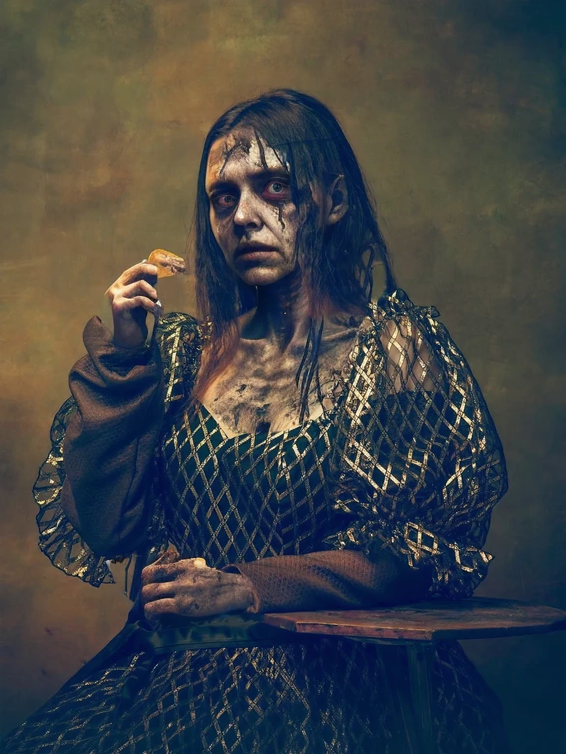 zombie, tattered ruined clothes, dead rotting skin on the face, dirty muddy hair, extremely detailed dried rotting peeling dead skin, malnourished woman, blind, wide angle, detailed environment, detailed background, highly detailed, intricate, detailed skin, natural colors, professionally color graded, photorealism, 8k, moody lighting, art by George Pfau