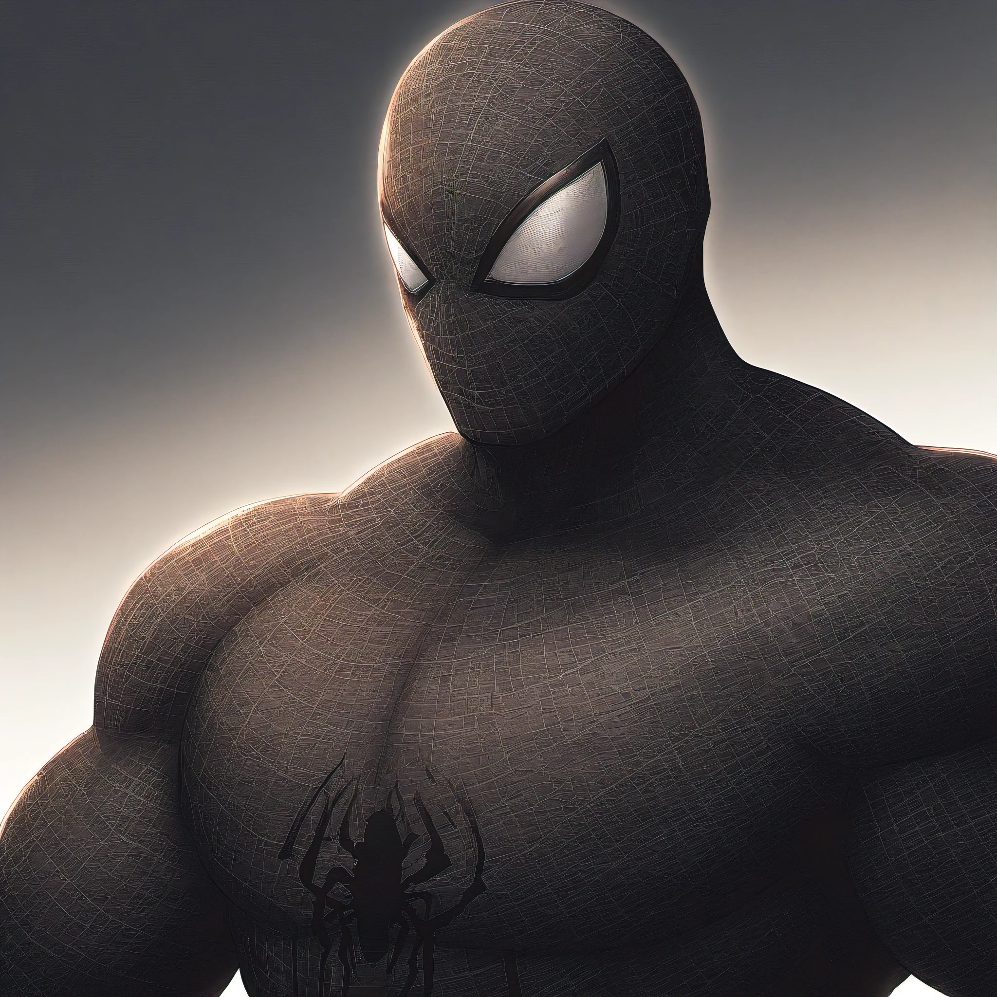 anime characters:Black Spider-Man, Muscular Spider-Man, male focus, No Spider-Man Logo, Upper body, Buzz Cut, eyes are sad shape, He wears a black tights, small grid texture, spiderman mask, Spider-Man logo, muscular male, Extra large breasts, only, alone, White background, simple background, amazing quality, best aesthetics, Ridiculous, crew cut, drop shadow, best quality