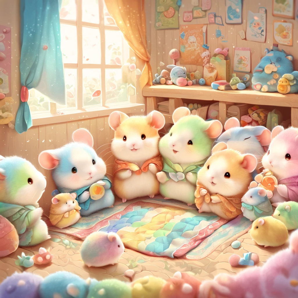 cuteAn illustration,hamsterの幼稚園,hamsterの親子:animal:cute:Snuggle up close:sleep:comfortable and warm:looks happy,An illustration,pop,colorfulに,color,dim,lamp light,hamsterの親子が眠っています:dream happy dreams,The room is warm and full of happiness,,colorful,fancy,fantasy,patchwork:quilt,Detailed details,fluffy,randolph caldecott style,hamster,最高にcutehamster,fluffyhamster,豊富なcolor,Cast colorful spells,concentrated,best configuration,perfect composition,accent,子供が喜ぶAn illustration,For kids,feel warm,wonderful like a dream,幸せで楽しそうなhamster達,Children's toys,dance,children&#39;s room,group photo,Little,Cast colorful spells,Sparkling