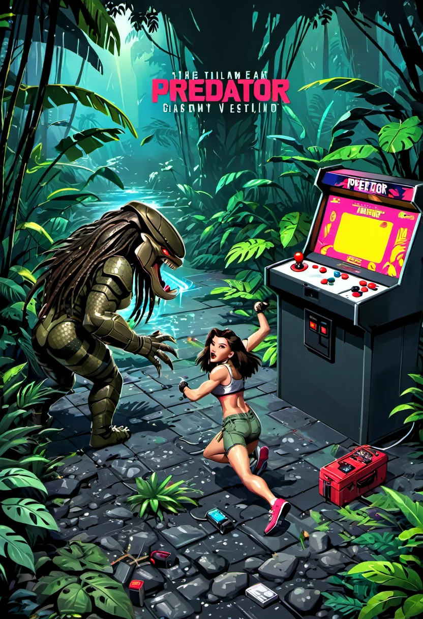 Gameplay of an 80s style arcade game based on horror action film Predator, pixelated, 2 player, controllers are machine guns (Uzis)