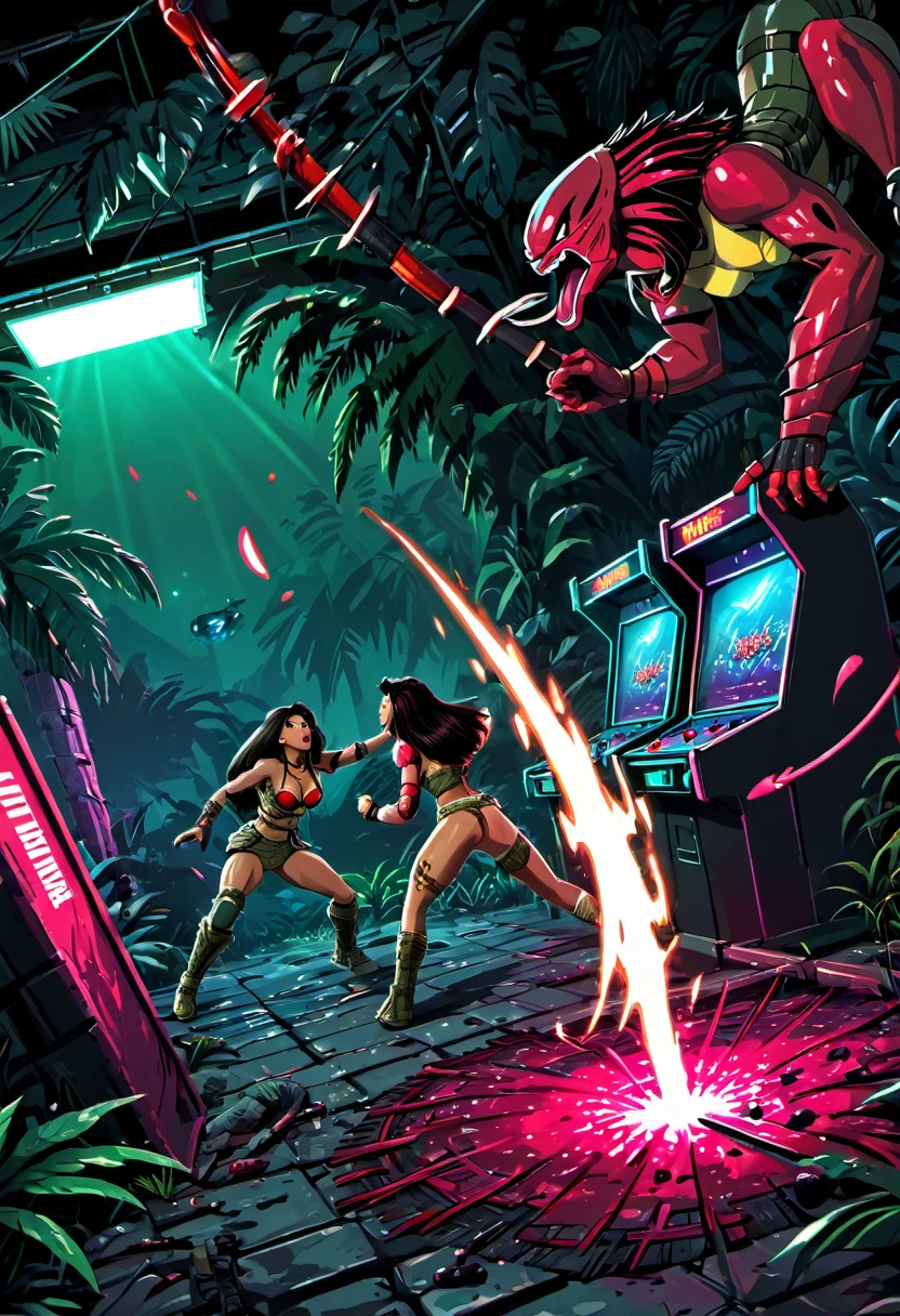 pixelated horror action film Predator gameplay,2 player,Uzi controllers,80s arcade game-inspired,dark ambience,creepy atmosphere,alien jungle setting,vivid and intense colors,perfectly timed jumps,fast-paced action,player vs. predator showdown,explosive barrel obstacles,destructible environments,iconic predator thermal vision,retro sound effects and soundtrack,high-score competition,adrenaline rush,heart-pounding suspense,ultimate battle of survival