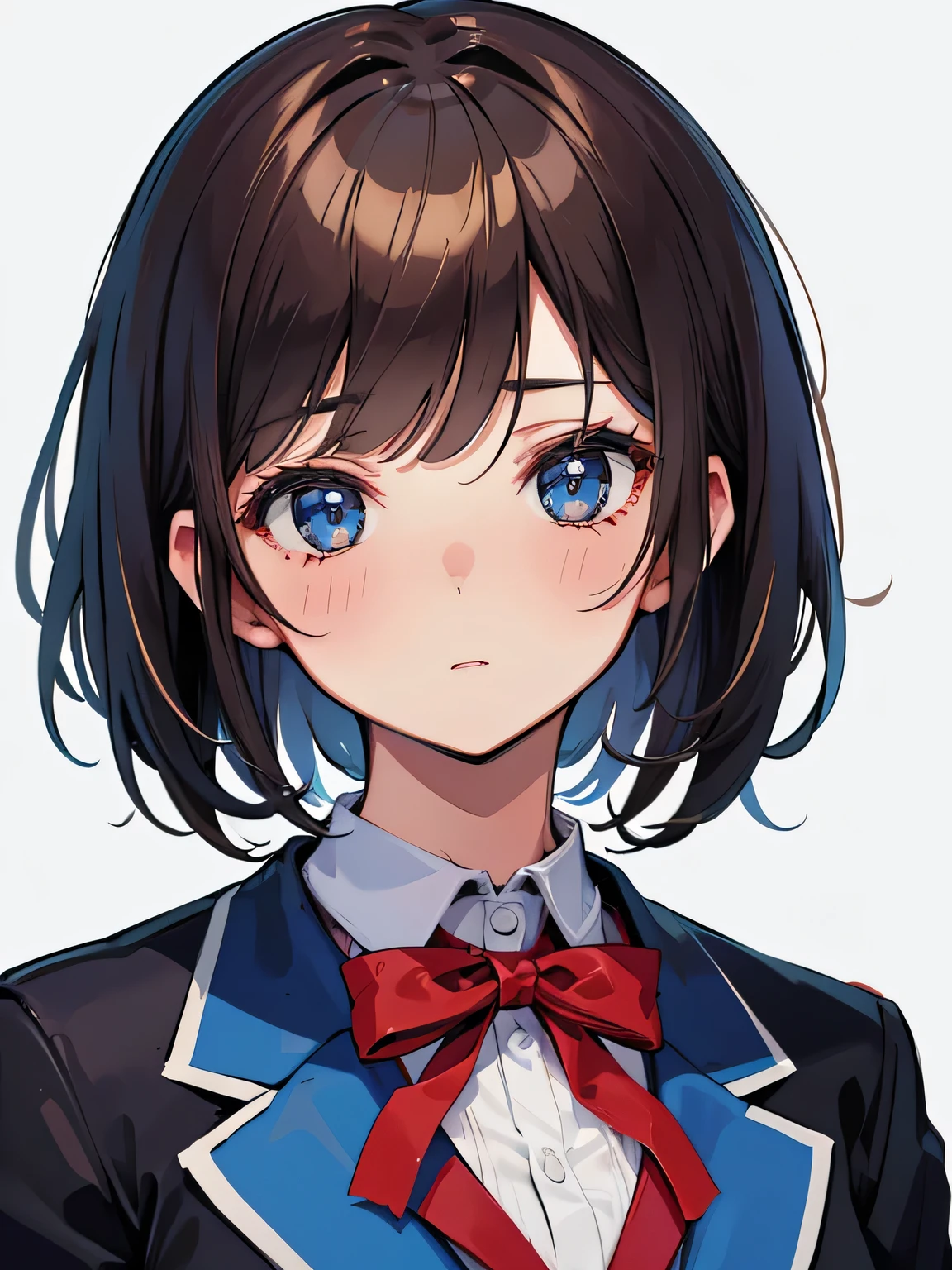 (highest quality), (Super detailed), (Best Illustration), (beautiful girl), (blazer), white background, full-face blush, bob cut, brown hair, messy hair, blue eyes