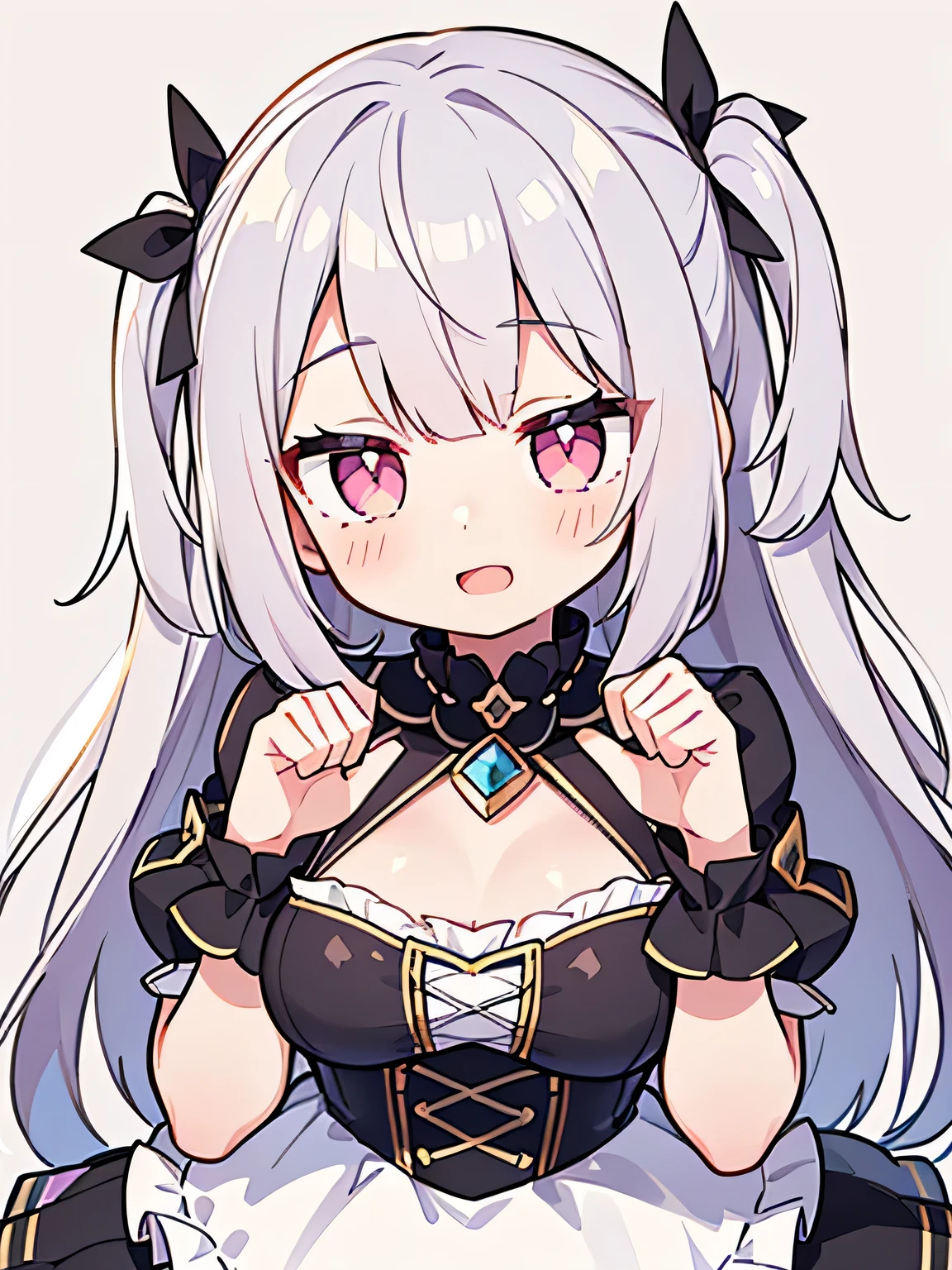 Pueros face_V1:0.24, highest quality, realistic, 8K, High resolution, 1 girl, girl, (skin dents), (portrait), ((simple background:1.62)), full color, ((big round breasts,exposed chest,frills)), look straight at the viewer:1.8, (1 girl eyes looking at viewer:1.55), (Long-length hair, silver hair, two side up,straight bangs:1.45,pink eyes), (Bokeh),looking at the viewer,open mouth smile,Shining eyes,cute pose,sparkling eyes,Super high quality,dynamic pose