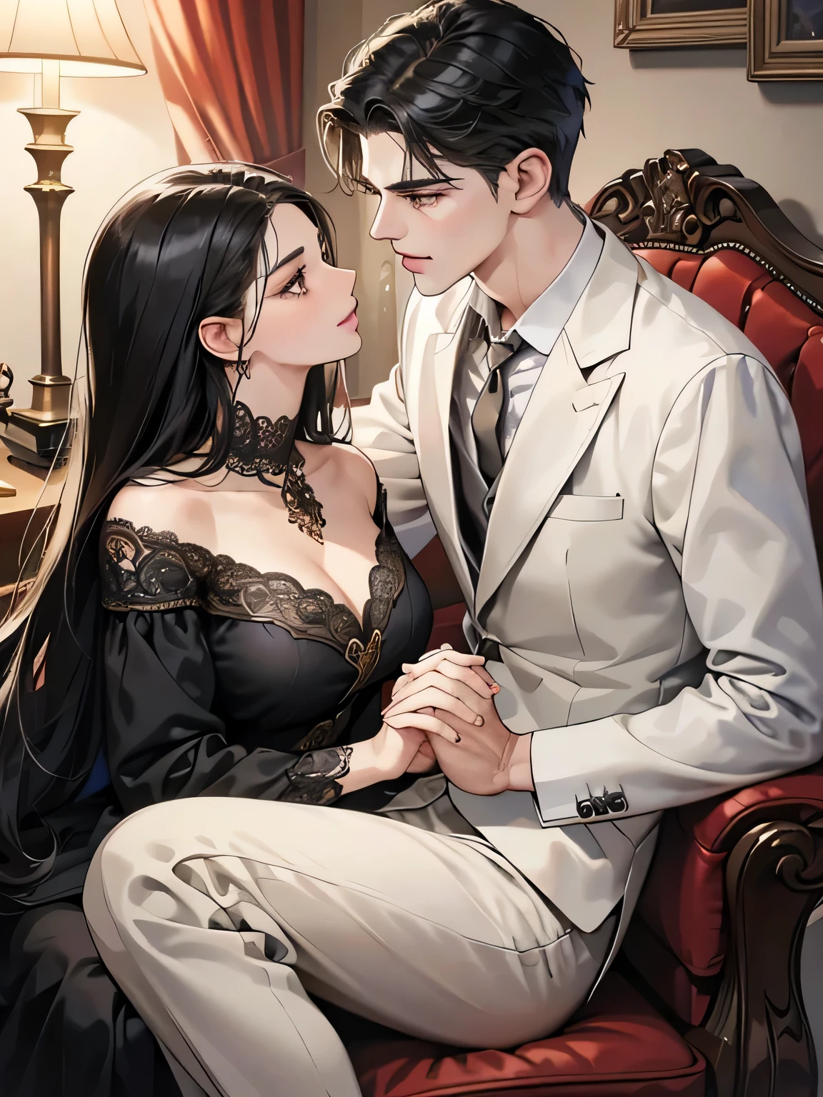 (table top, digital art, digital illustration, 4k, 8k, very detailed, beautiful picture, Sharp picture, realistic, raw photos, perfect face, perfect lines, perfect eyes, soft light) 1 woman, (long black hair,have straight hair,Bullish stare,Beauty,woman in suit,Hard makeup,23 is a novel,Big tits:1.4),secretary, Two handsome men in suits, (human,Man in medieval clothing,have good muscles,broad, stable shoulders,adult male,children's hairstyles,English gentleman style,A man in his 30s with a cool demeanor,A 28-year-old man smiles brightly.:1.2),office scene at night,antique furniture,antique clamp,antique chair,Chandeliers,party、lover、couple kissing、kiss、the kiss、romantic、attack woman Women want to have sex. A woman straddles a man's body., man holding hands