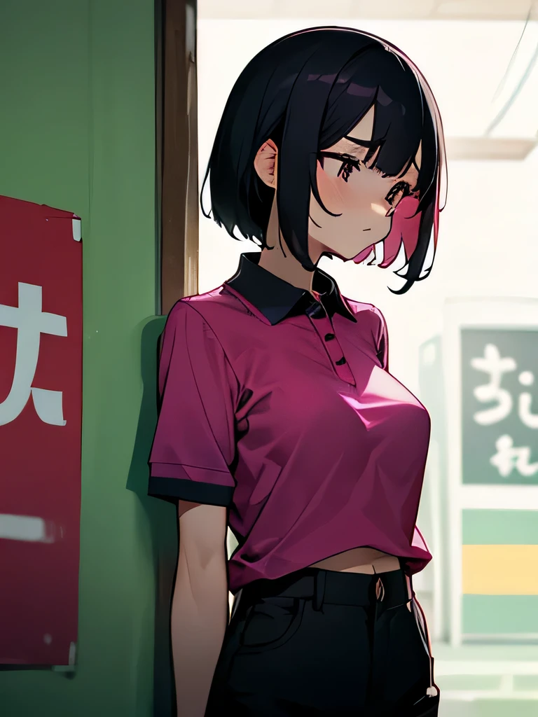 40&#39; No bra, lower body, Japanese, very short, pubic hair, black pants, beautiful breasts, embarrassing, Shyness, worries, convenience store,magenta polo shirt,black hair