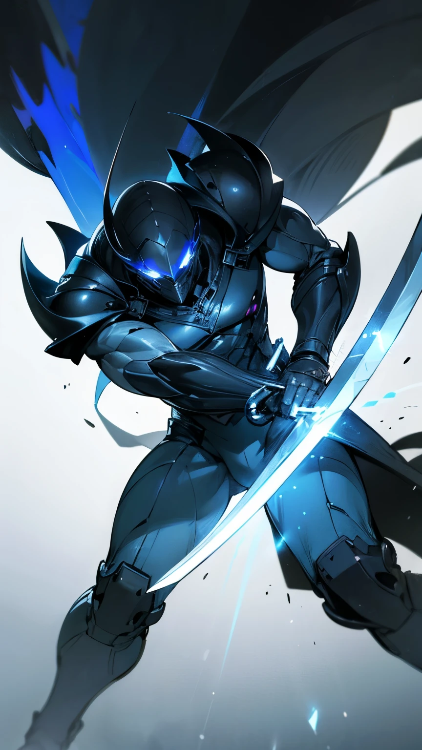 (best quality,4k,8k,highres,masterpiece:1.2), ultra-detailed, (realistic,photorealistic,photo-realistic:1.37), 1boy, Esso Posser, short black hair with a stylish cut, piercing blue eyes that reflect determination, wearing a sleek black suit with a touch of blue, adorned with a polished black armor that exudes strength and power. He stands tall, radiating a heroic aura, holding a gleaming blue sword in his hand. The sword emanates a faint blue light, hinting at its formidable power. His firm grip on the weapon showcases his readiness for action. The boy possesses a confident and focused expression, embodying the essence of a true hero. The background complements his presence with a futuristic cityscape, with tall buildings reaching towards the sky, bathed in the warm glow of neon lights. The composition balances darkness and illumination, creating a captivating atmosphere. The scene is lit by a combination of natural and artificial light, enhancing the dramatic effect. The colors in the artwork are vibrant and vivid, adding depth and intensity to the overall image. The attention to detail is impeccable, capturing every intricacy of the character's appearance, from the texture of his suit to the shine of his armor. The resulting masterpiece evokes a sense of awe and admiration, showcasing the artist's exceptional skills in crafting immersive and captivating visuals. [anime, concept artists, vivid colors, sharp focus, studio lighting]