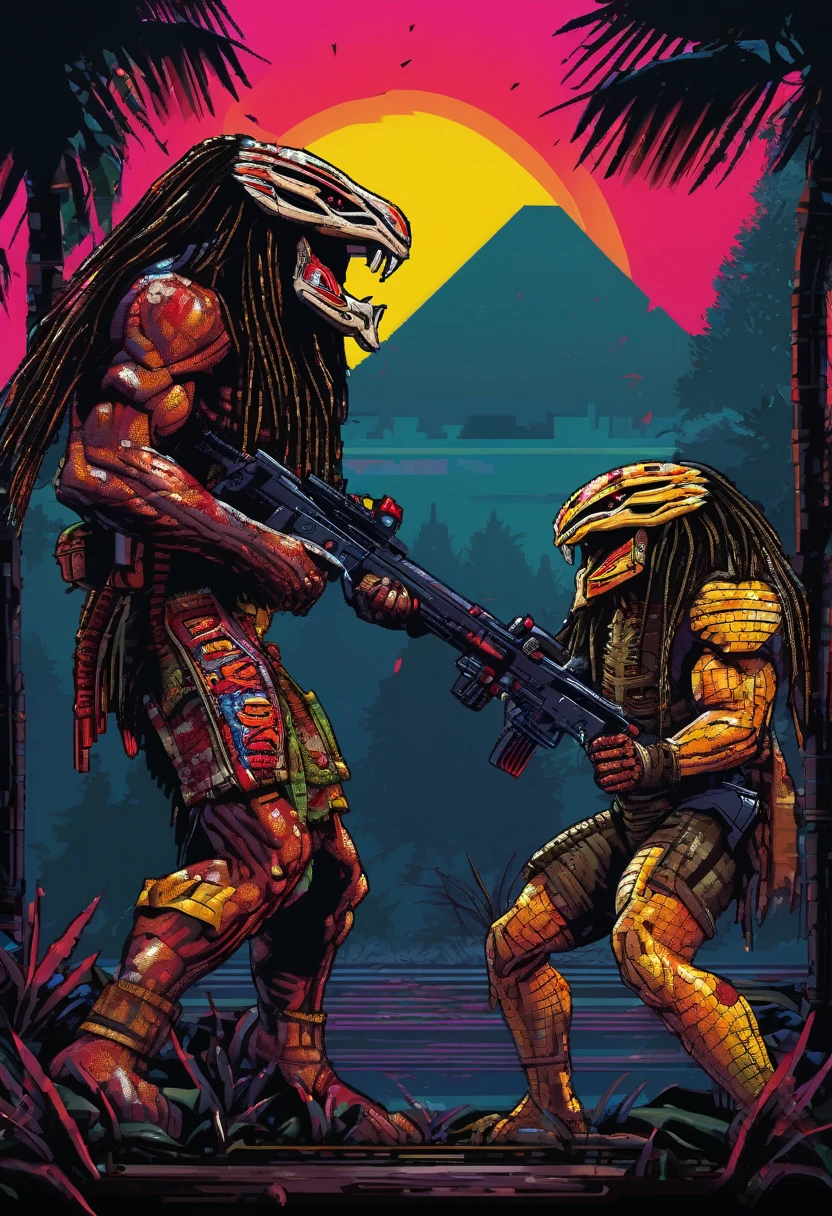 Gameplay of an 80s style arcade game based on horror action film Predator, pixelated, 2 player, controllers are machine guns (Uzis)