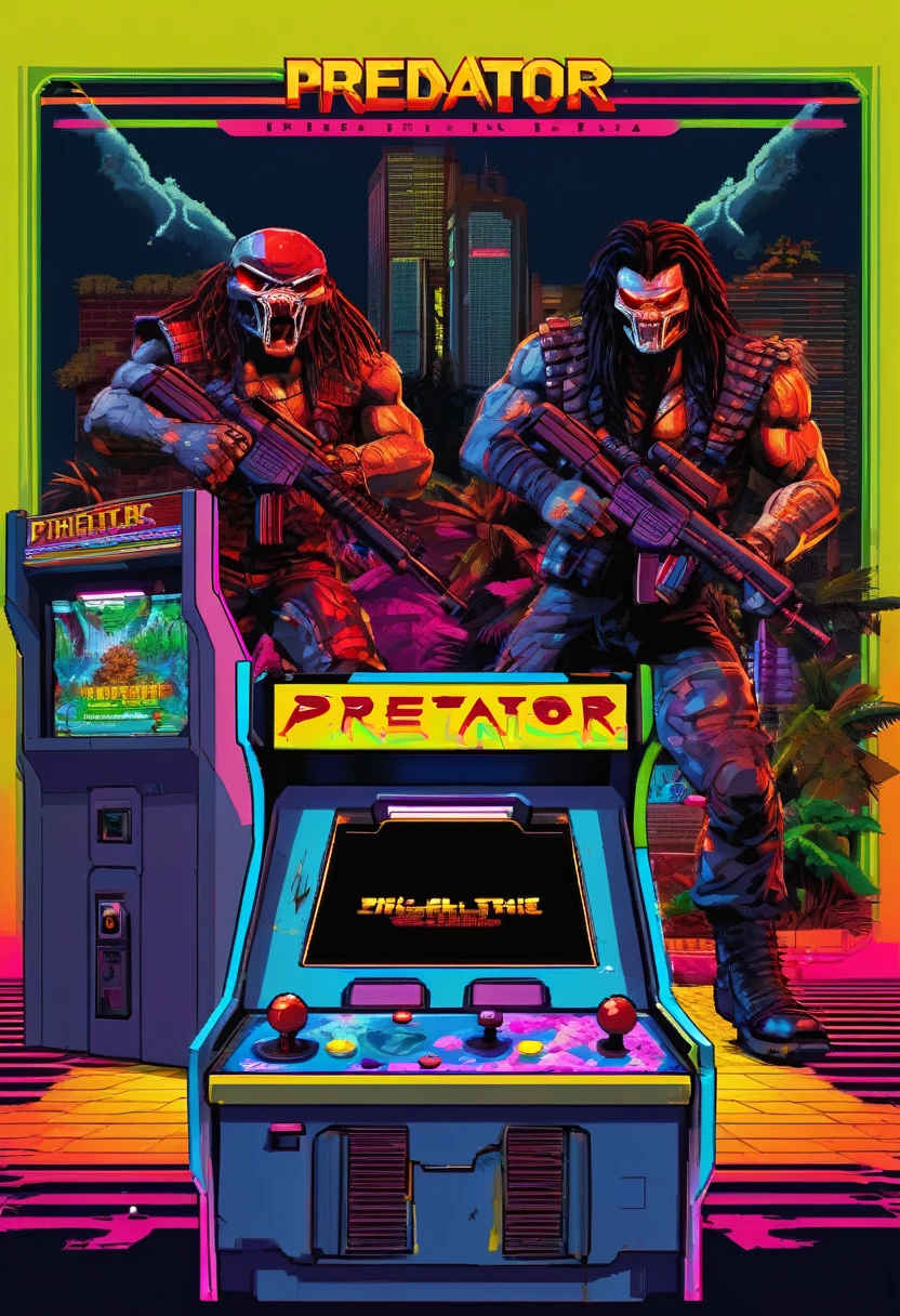 Gameplay of an 80s style arcade game based on horror action film Predator, pixelated, 2 player, controllers are machine guns (Uzis)