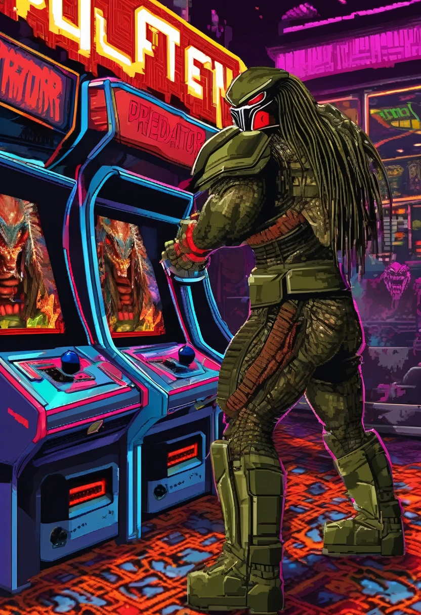 Gameplay of an 80s style arcade game based on horror action film Predator, pixelated, 2 player, controllers are machine guns (Uzis)