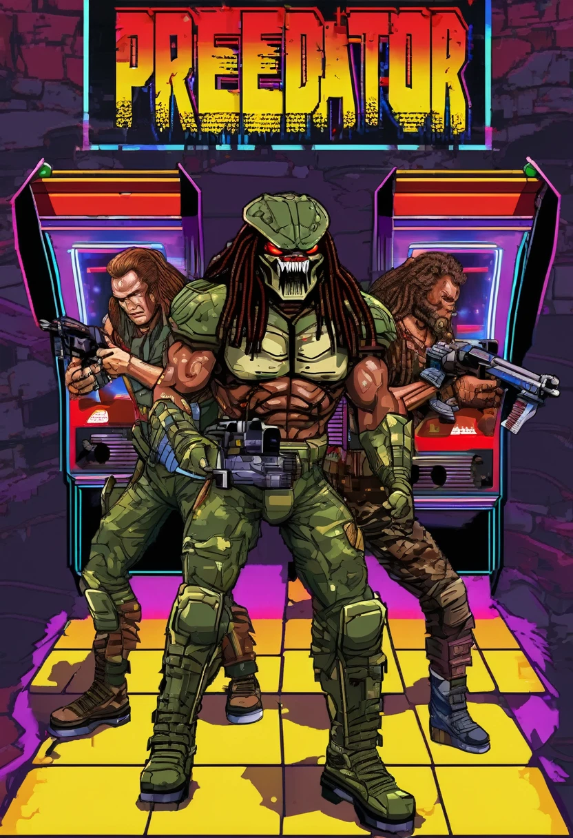 Gameplay of an 80s style arcade game based on horror action film Predator, pixelated, 2 player, controllers are machine guns (Uzis)