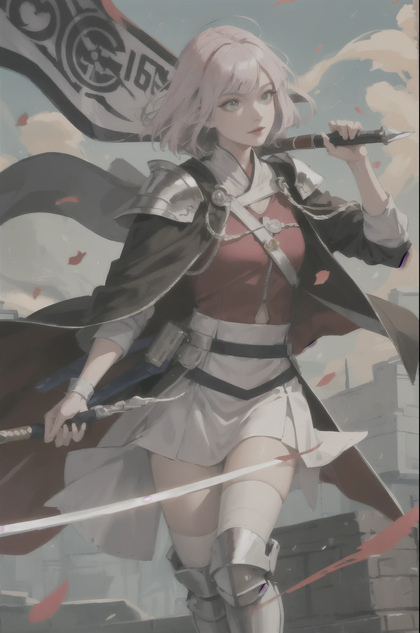 8k, best quality, masterpiece, highly detailed, semi realistic, 1 girl, mature female, 20 years old, pink bob hair, green pupils, silver white armor, white fluffy skirt, silver iron boots, red white fluffy brimmed cloak, wielding sword, knight, coronation ceremony,War, flames, bloodstains,sakura, petal rain,banner, blunt bangs, sakura/(boruto/)