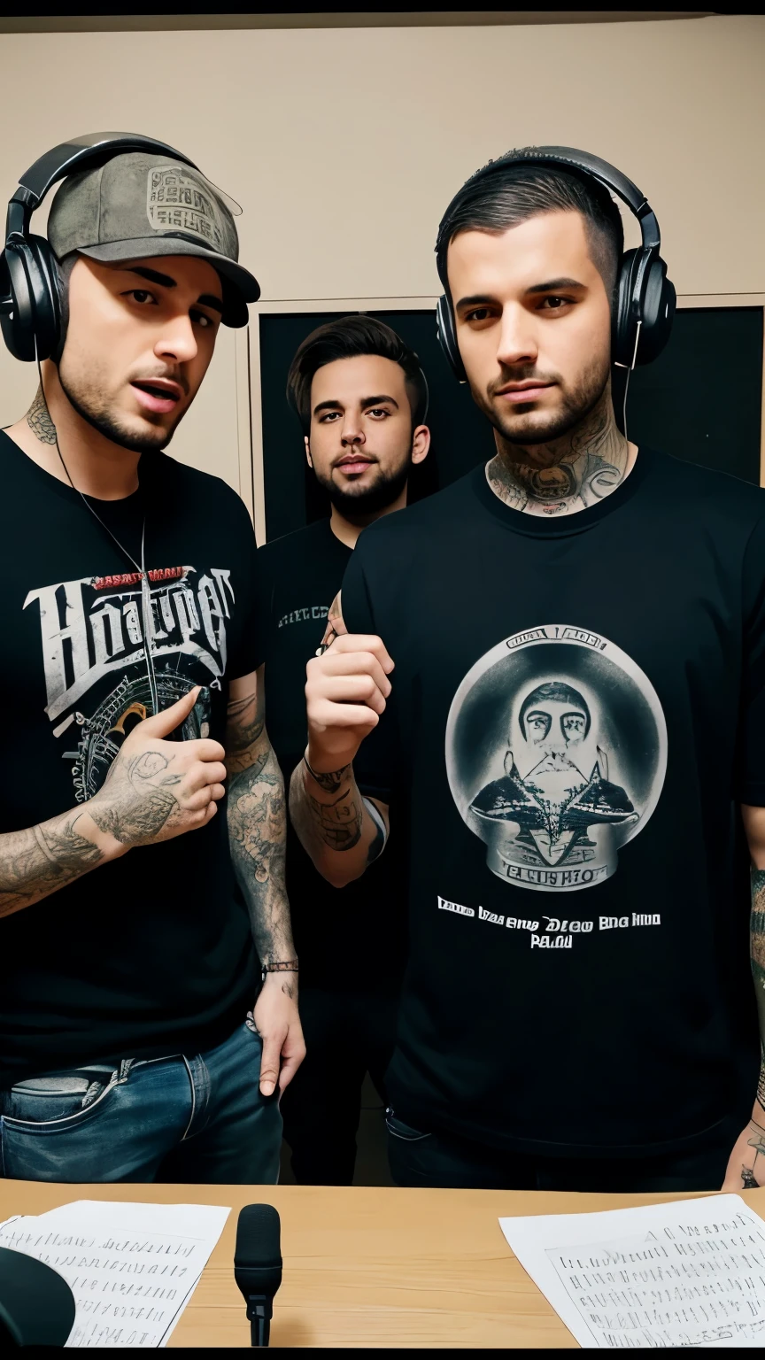 An amateur bad photo shot on an old mobile phone of two tattooed metalcore guys in a recording studio with naked fan girls. They're standing in front of a professional microphone with a pop filter. They're wearing headphones and cool British metalcore clothes and many accessories . They're extremely cool Israeli British guys in their 20's. They're intensely screaming into the microphone. Holding a sheet of paper with lyrics on it.