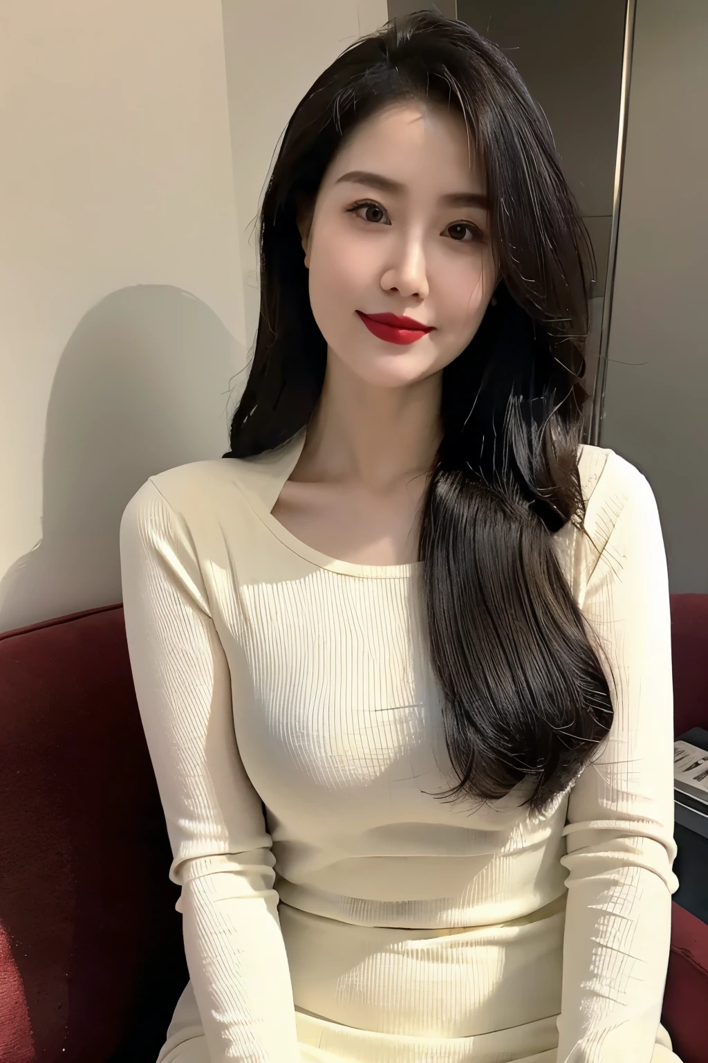 Draw lips correctly, red lipstick, from chest up, best quality, Super detailed, lifelike, Super fine skin, perfect anatomy, (1 日本Mature的女人), (alone),Wear a round neck dress,long sleeves,wavy long hair,37-year-old female,Mature,charming smile,indoor background,stand,Slightly fat,medium chest,full-body shot。