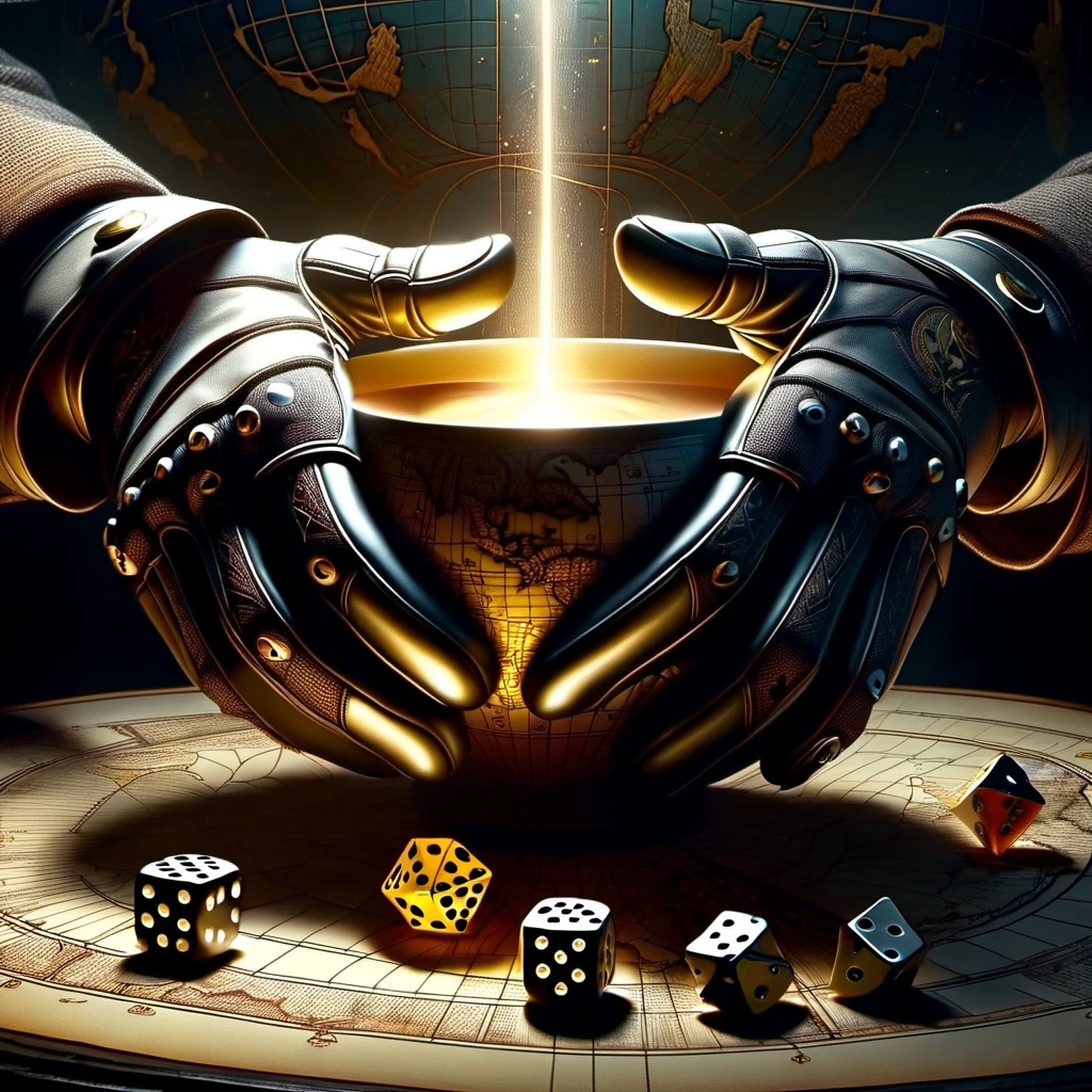 Gloved hands assuredly select, tumble dice from an intriguing cup, hovering over an antiquated world map layered beneath the dynamic hand motion, as a double exposure digital art, perfect composition, octane render, beautiful detail, 32k photorealistic concept art, intricate, ultra-high detailed, trending on ArtStation, amazingly dramatic chiaroscuro highlighting the volumetric lighting, oil-on-canvas style