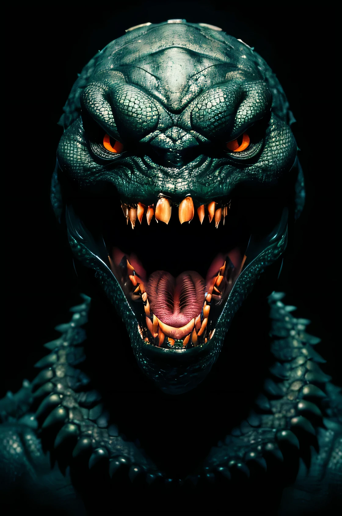 Dark black background with a monster opening its reptilian mouth 