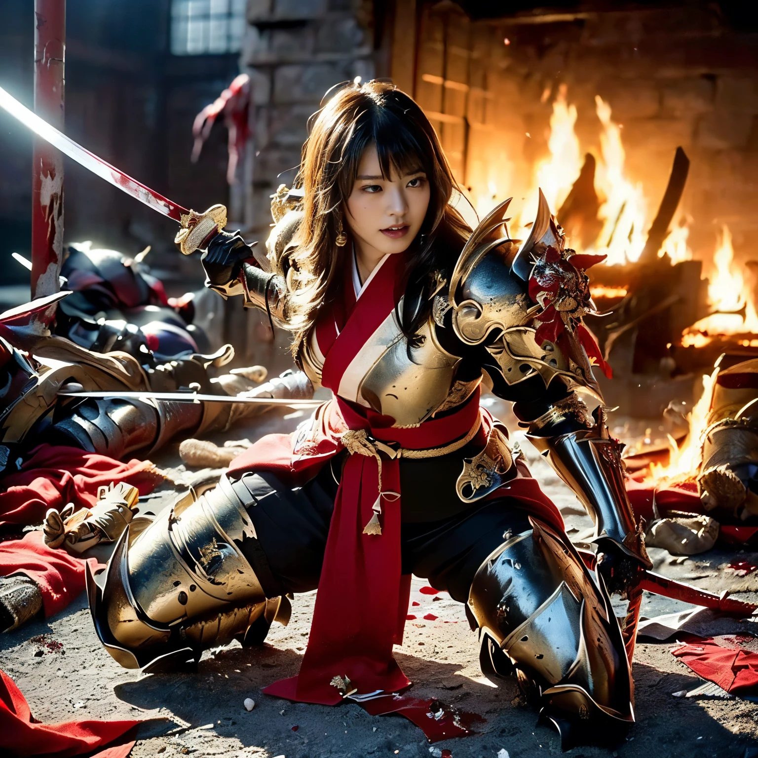 (((Realistic, masterpiece, best quality, crisp detail, high definition, high detail, rich detail, sharp focus, colorful, perfect studio lightning))), ((20 years old goddess, kasumi arimura)),(((in the middle of war, epic war scene, severely wounded, slashed, stabbed by swords, pierced by arrows, attack stance))), wearing (((beautiful ornamented golden heavy armor, decorated full body armor, fully armored beautiful kimono, holding katana, blood scattered face, blood tears, blood bath, blood shed))), (((fire everywhere, blood everywhere, death everywhere, japan bakumatsu period, dead bodies,carcass,burned japanese castle,hellish,chaos)) traditional village background)