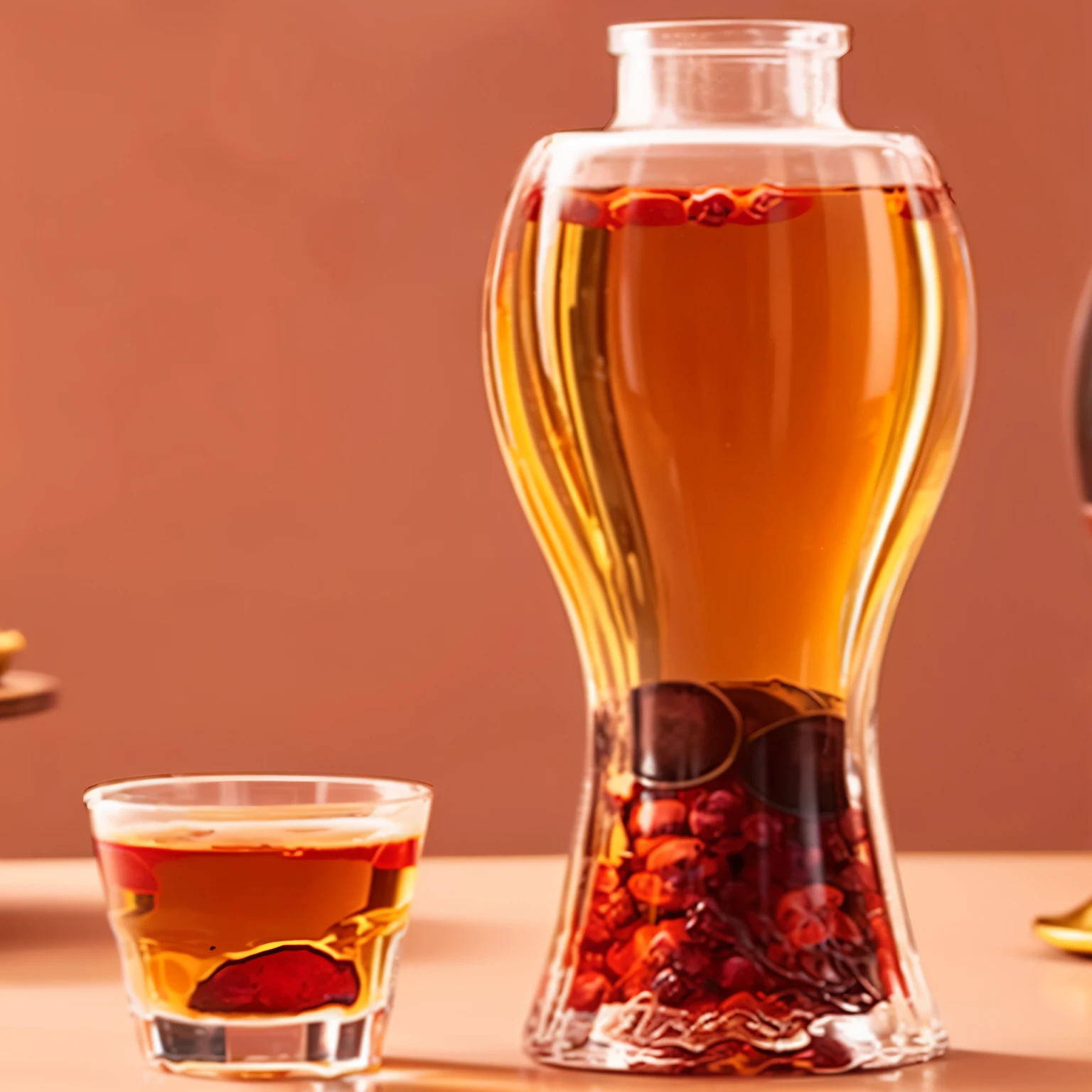 There is a glass of wine and a bottle of wine on the table, soaked in cranberries, beer glasses, inside a beer glass, author：Alexander Giemsky, Injected Zerg Hydralisks, From a huge red glass bong, tall iced tea glass, beer, surreal glass goblets, 3 4 5 3 1, liquid translucent amber
