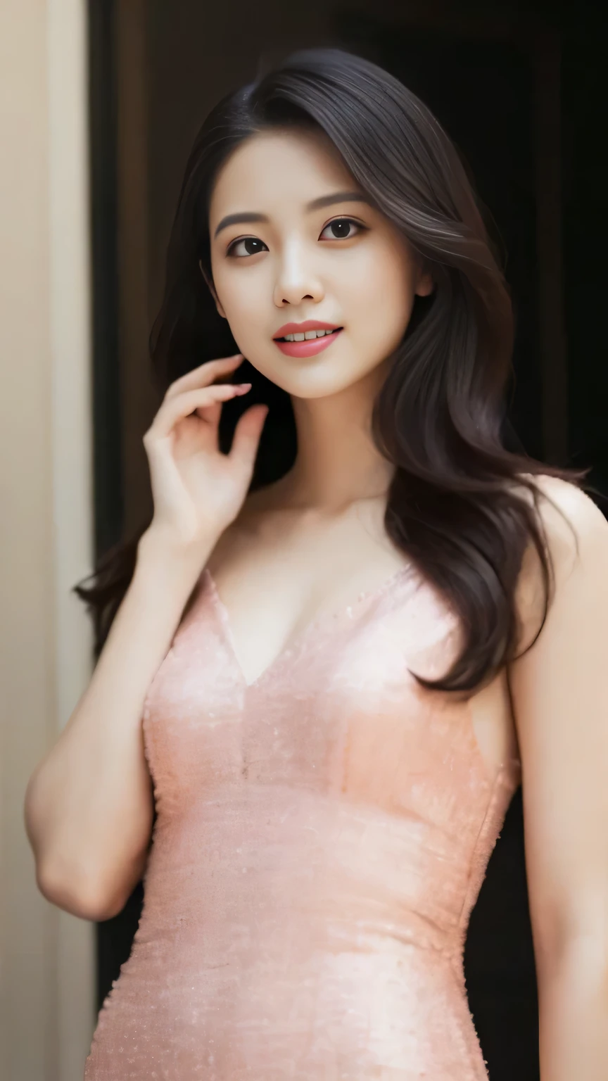 (best quality,high resolution,masterpiece:1.2),Super detailed,(actual,photoactual,photo-actual:1.37),standing posture, Happy woman wearing luxurious dress,Beautiful and delicate eyes,Beautiful and delicate lips,Professional studio lighting,young asian woman,high fashion,beautiful smile,confident posture,pink skirt,upper body shot,long black hair,big eyes,luxury background,fine jewelry,graceful posture, whole body