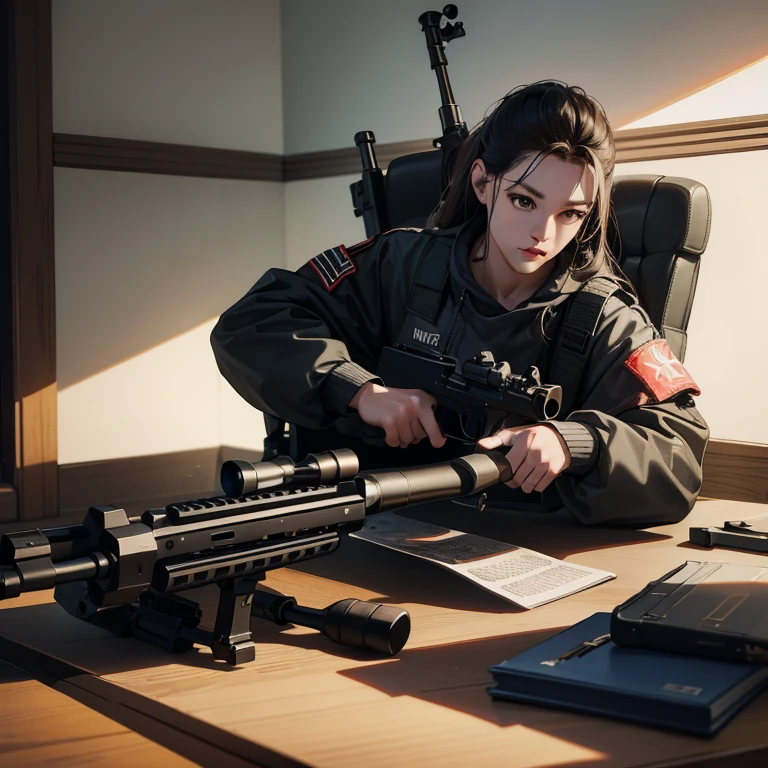 Rifle with barrel and rifle scope on table, realistic weapons, realistic gun, realistic weaponss, , realistic guns, assault rifle, 3d gun model, realistic gun design, Hyperrealistic octane rendering,overlooking angle，The camera focuses on the gun。
