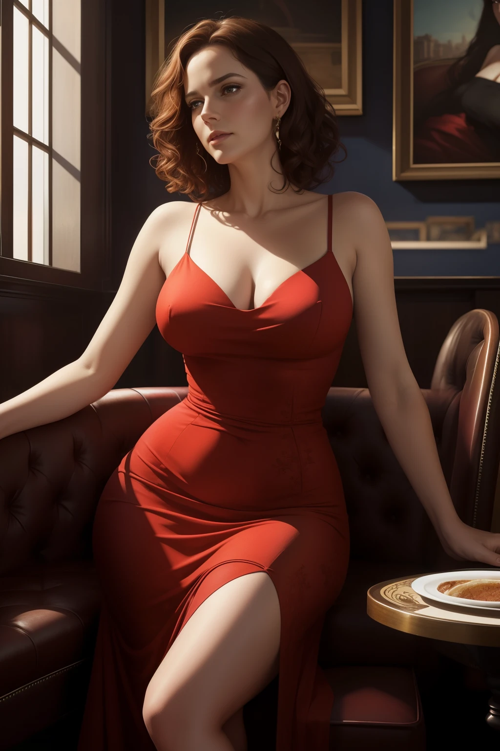 In the captivating 2D illustration by Adam Martinakis, a seductive 50-year-old woman exudes an alluring aura while sitting in a cozy, cramped coffee in Buenos Aires. With short, rare, light curly hair that frames her face, she wears a tight-fitting, vibrant red dress that accentuates her hourglass figure. One leg is crossed over the other, revealing a glimpse of her toned thigh, as she ponders the decision to file for divorce from her husband.

The café's walls and vaults are adorned with intricate paintings, adding to the inspired style of the illustration. A plate with a fresh