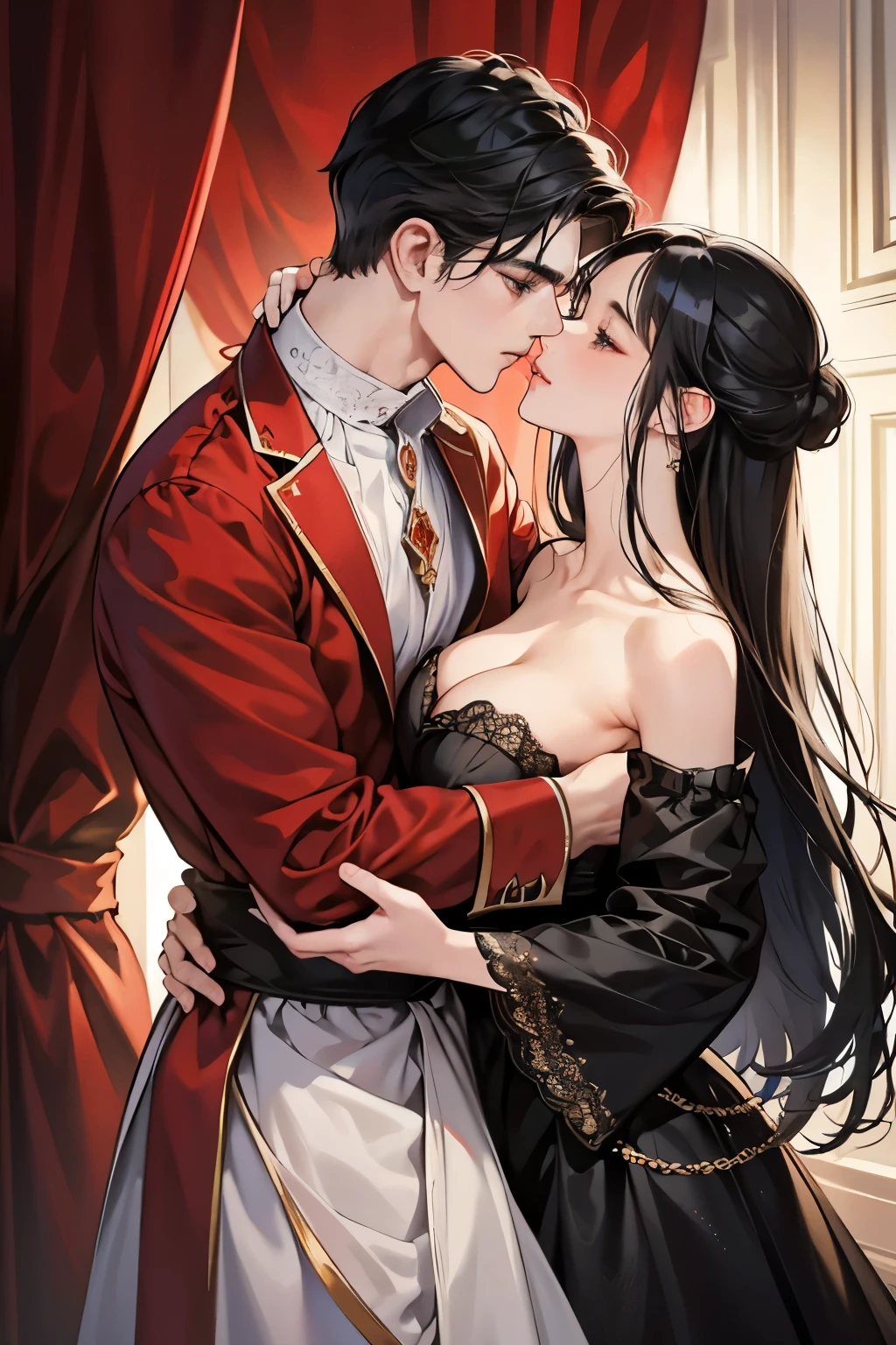 Masterpiece, best quality best, 8k, Highly detailed, Very detailed,of a handsome young man，Dressed in a classic black prince outfit.，long black hair。His face was very striking.，The expression is focused and gentle.，Look at the woman next to you.。The girl wore a beautiful red dress，Elegantly curled hairstyle，It revealed a slender collarbone and delicate ears.。Her lips opened slightly.，Feel a man&#39;s kiss。Their bodies were clinging together.，Tap lightly with both hands.。All bedrooms are bathed in warm light.，The curtains sway gently.，nighttime，starry sky，petals，Looking from the front to the side，The man bowed his head.，kiss the girl gently，Their bodies trembled slightly.，Feel each other&#39;s breathing and heartbeat.。The whole picture is full of romance and affection.，Let people feel the charm and power of love.。,Have sex, sexy, voluptuous, pornographic, lewd, Let's do it. , Grab your breasts