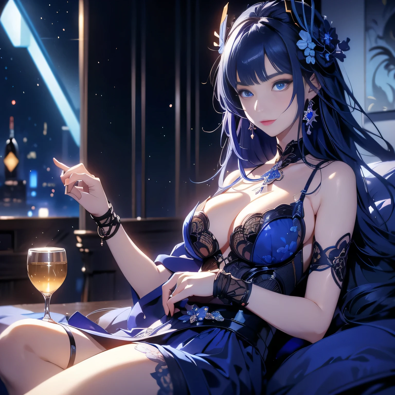 ((Raiden Shogun in Genshin Impact)),solo,((semi long beautiful dark blue hair,beautiful blue eyes)),
low angle,from below,cleavage,((elegant beautiful night dress)),  ((masterpiece, highest resolution)), (beautiful illustration), (lying on the bed),(looking at the viewer),innocent smile,cinematic lighting,garter belt,white over-kneehighs,Lace chalker, wristband, diamond necklace,wristband, white fingerless gloves, earrings,modern elegant beautiful gorgeous hotel room,drinks,fruit,night