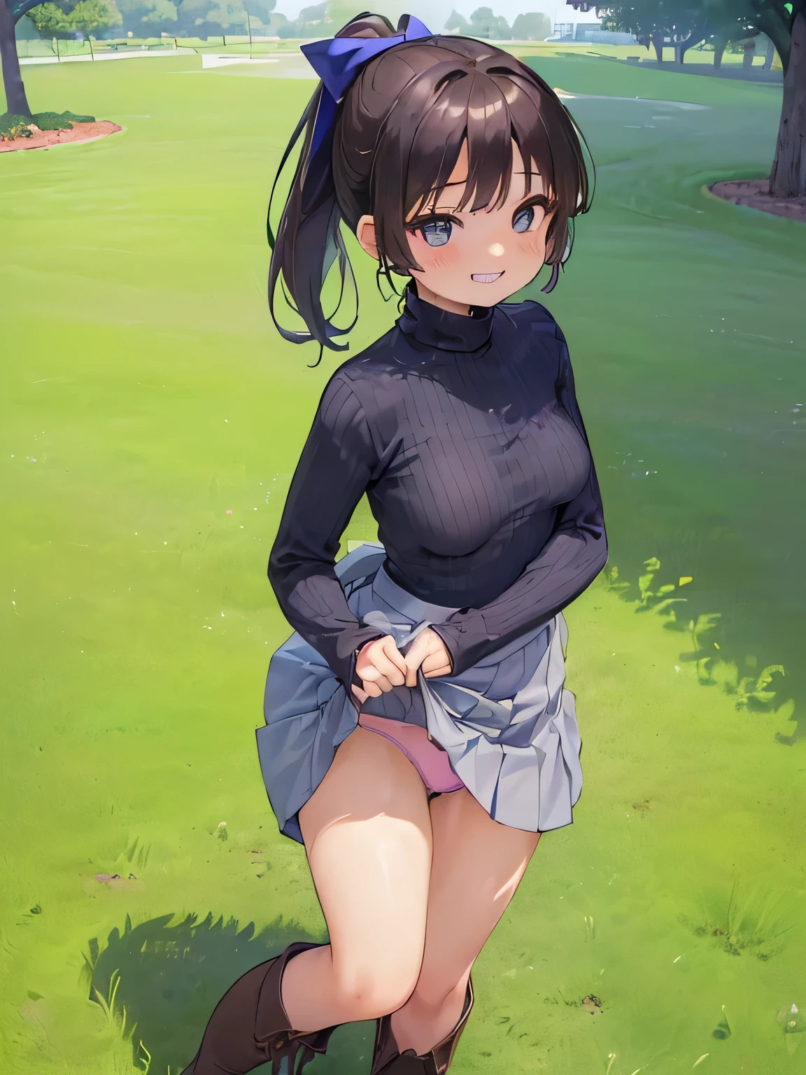 (masterpiece、highest quality、High resolution、realistic pictures、real looking skin:1.1)、
(The woman lifts her skirt and reveals her panties.々I'm showing it to:1.8)、
(standing:1.5)、
(A provocative and grinning expression:1.8),
(I am wearing a dark blue long-sleeved turtleneck knit.:1.8)、
(I'm wearing a gray tiered flared mini skirt.:1.8)、
(I am wearing black middle boots.:1.8)、
(Panties have flashy colors and patterns:1.2)、
(brown middle ponytail:1.5)、
(small face:1.5)、
(I'm 22 years old:1.5)、
(Breasts are D-cups:1.5)、
(The location is the grassy area of the park.:1.5)、
1 Japanese girl、solo、full body esbian、beautiful eyes、shining eyes、NSFW